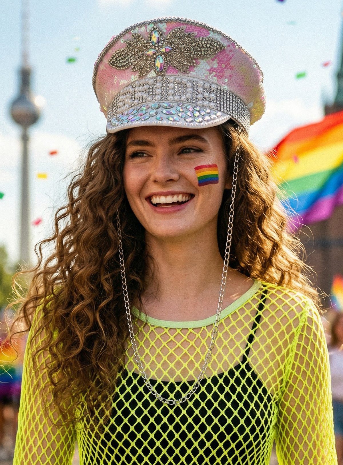Smiffys Kostüm Bright Pink Bride Schirmmütze, Viel mehr Strass und Glitter passt auf keine Mütze!