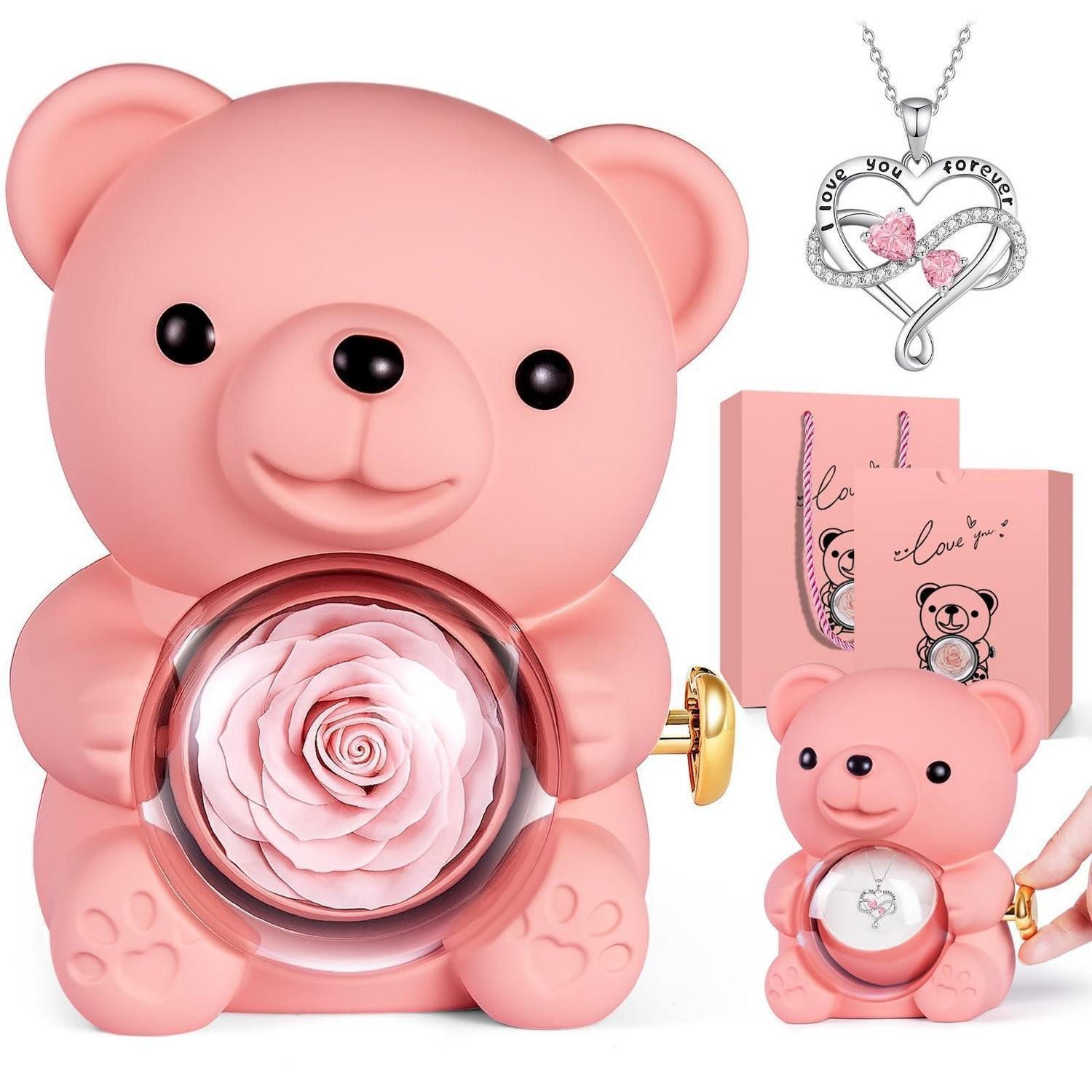 LuxusKollektion Geschenkbox Rosenbär mit Kette Geschenk Rosa (1 St)