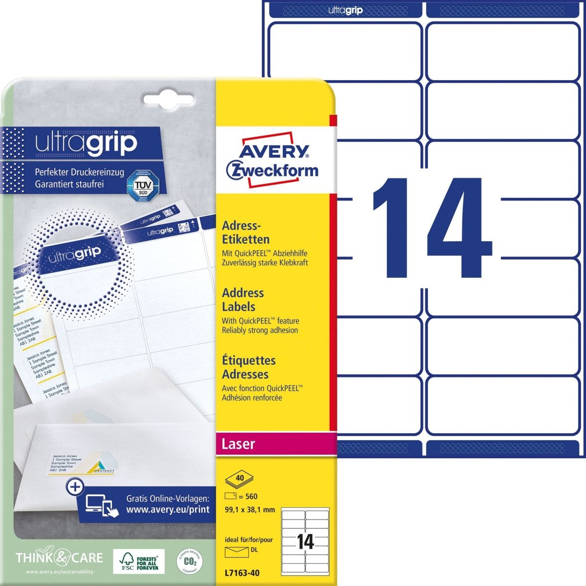 Avery Zweckform Etiketten Adress-Etiketten ultragrip 99,1x38,1 mm VE=560 Etiketten / 40 Bogen we