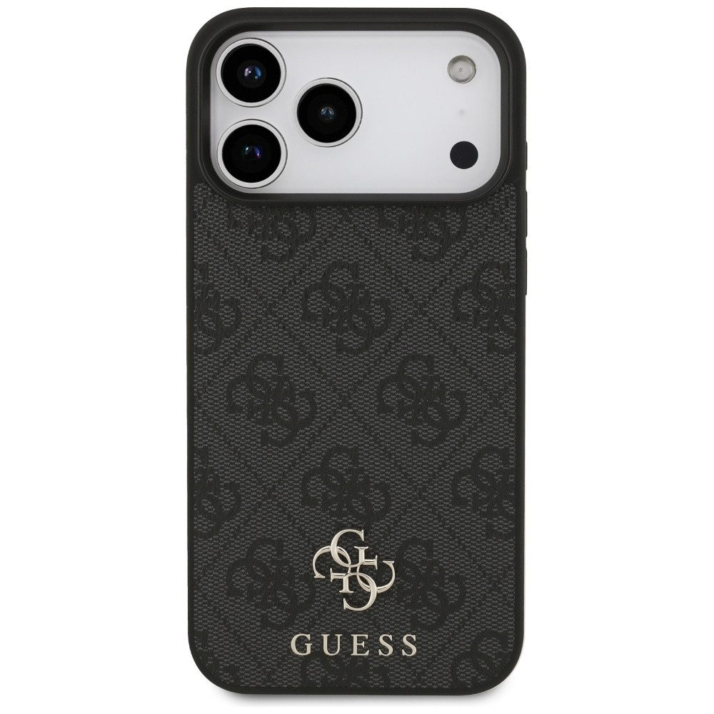Guess Handyhülle Case iPhone 17 Pro Max MagSafe Kunstleder grau Logo goldfarben 6,9 Zoll, Kantenschutz