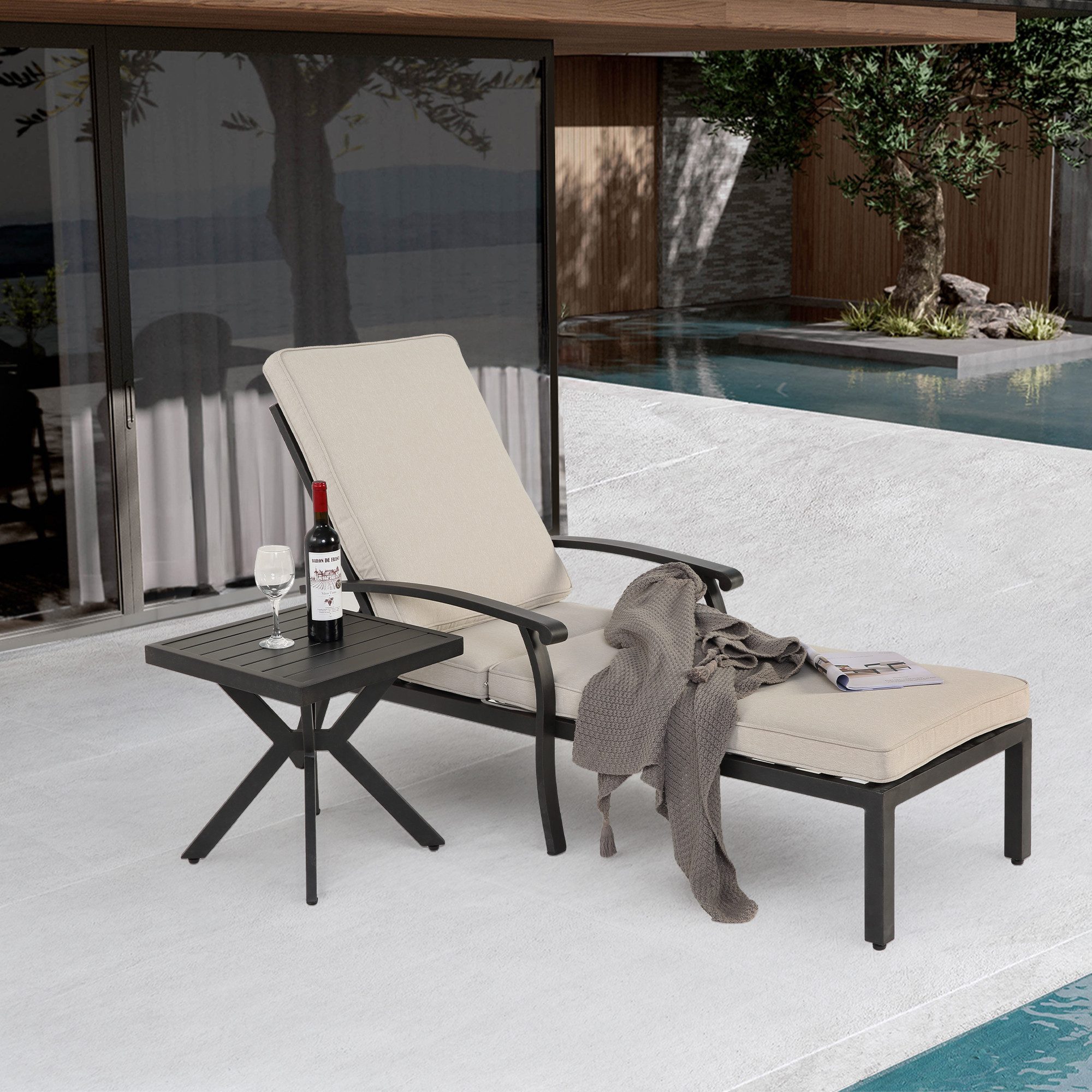 CHICFURN Gartenliege Sonnenliege 204x58 cm, Lounge Patio Stuhl mit Baumwolle Kissen, Packung, 1 St., 5-fach verstellbar, liegendes rostfestes Aluminium, Chaise Lounge Möbel, wasserdicht beiges Kissen