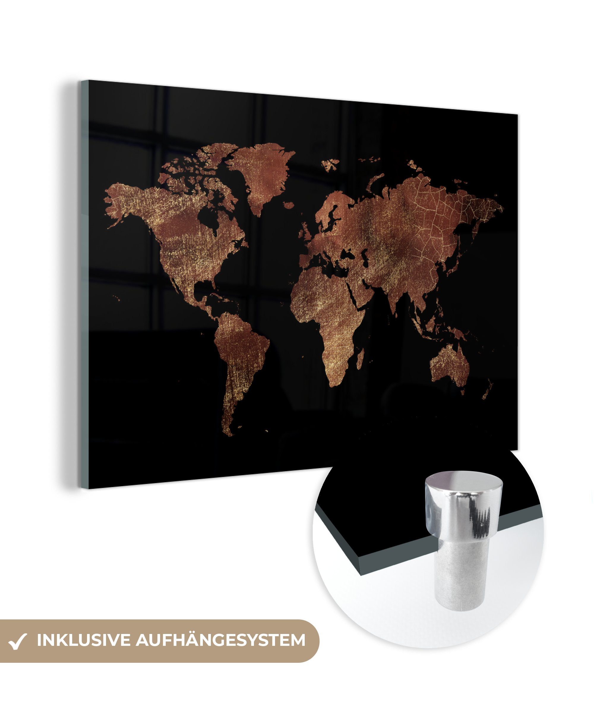 MuchoWow Acrylglasbild Weltkarte - Rot - Gold, (1 St), Glasbilder - Bilder auf Glas Wandbild - Foto auf Glas - Wanddekoration