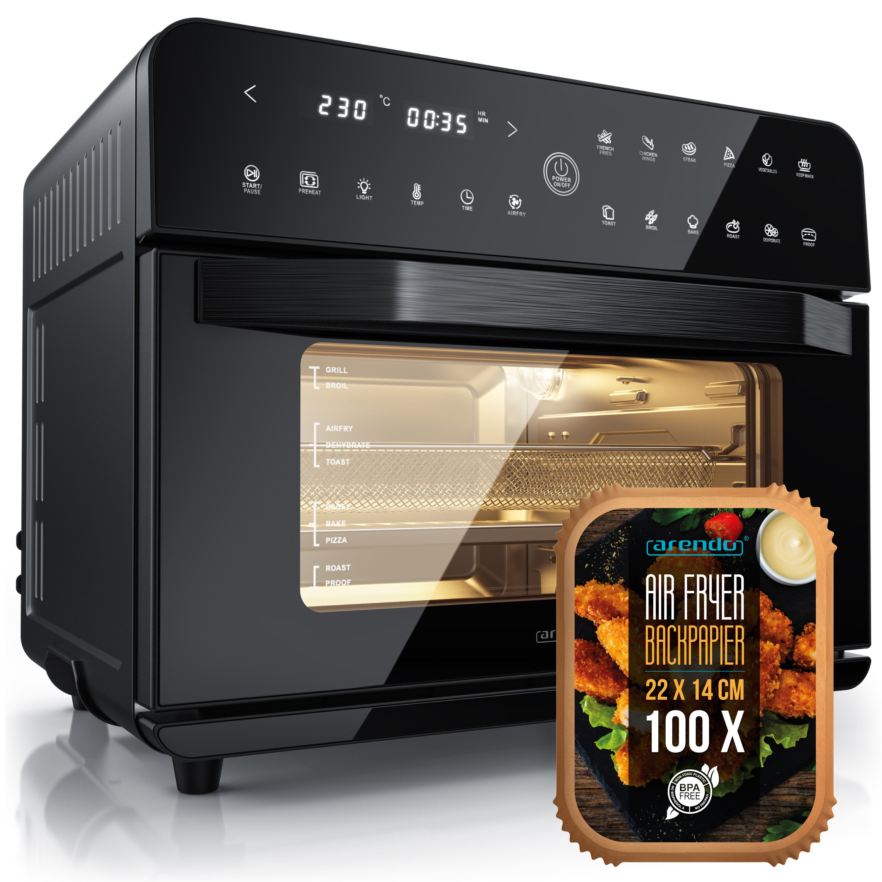 Arendo Minibackofen Airfryer 25L Edelstahl Multifunktionsofen, XXL Heißluftfritteuse 1800W, mini Backofen mit Backpapier, Backblech, Dörrblech, Rost, Frittierkorb