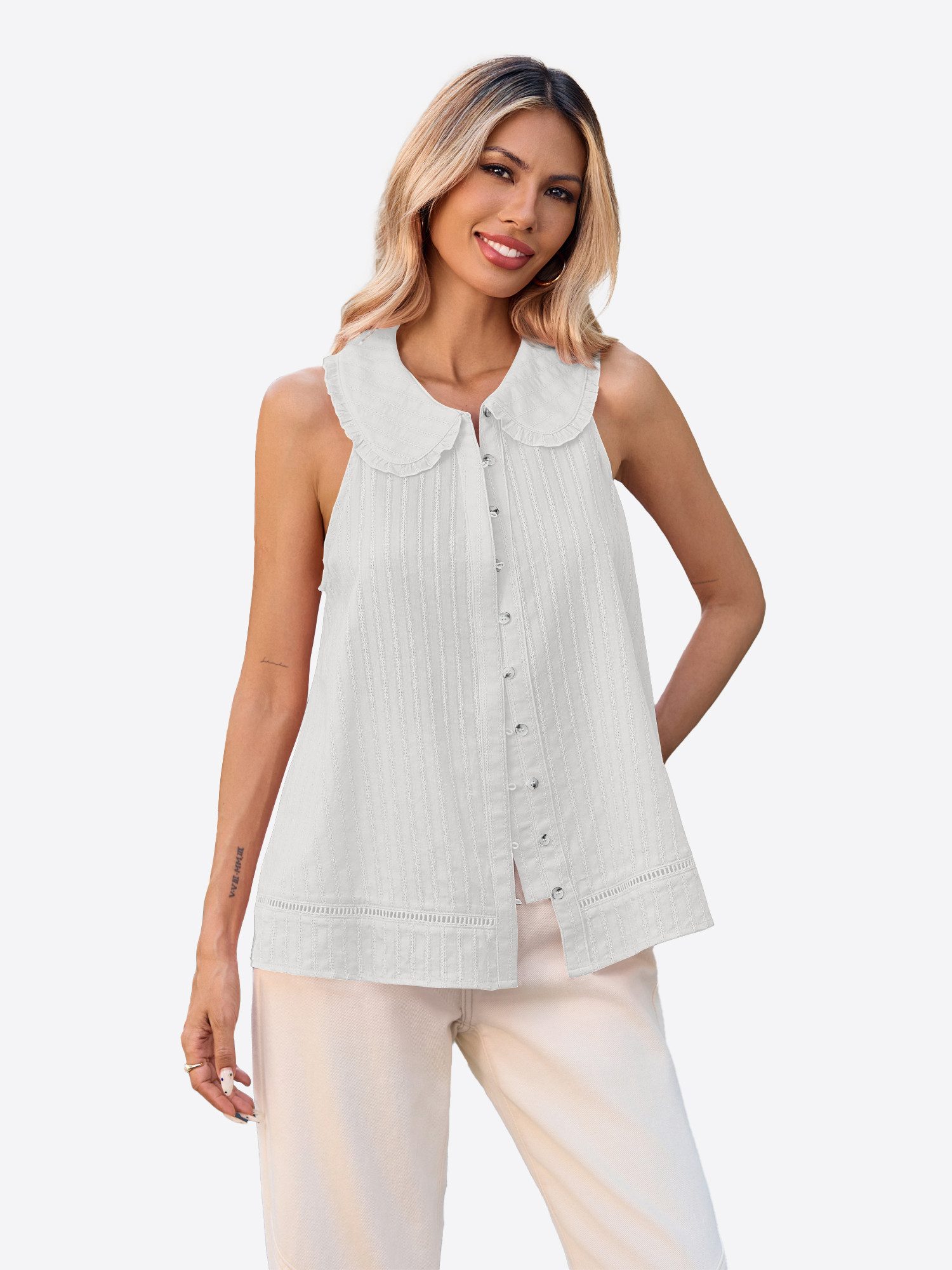 Imily Bela Blusentop Damen ärmellose Bluse mit Knopfleiste (Packung, 1-tlg., 1per-Pack) Puppenkragen