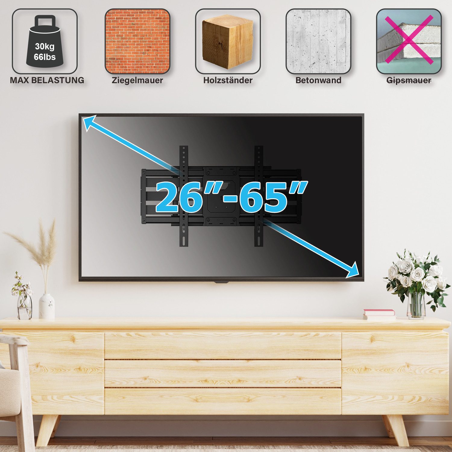 muchen TV-Wandhalterung TV Wandhalterung für 32" 43" 48" 55" 65" Neigbar Schwenkbar Wandhalter, (bis 65 Zoll, Für TCL LG SAMSUNG TOSHIBA PHILIPS HISENSE Fernseher, Für Fernseher 65 55 50 48 43 40 32 26 Zoll)