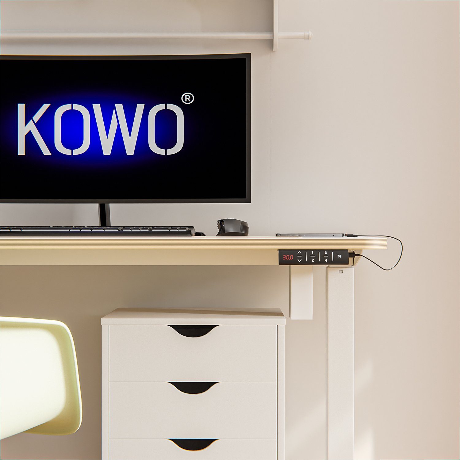 KOWO Schreibtisch Höhenverstellbarer Schreibtisch 160 USB Tischgestell, C cm und iPad, Bürotisch Ladegerät mit für Weiß Netzteil iPhone, MacBook, USB Handy mit