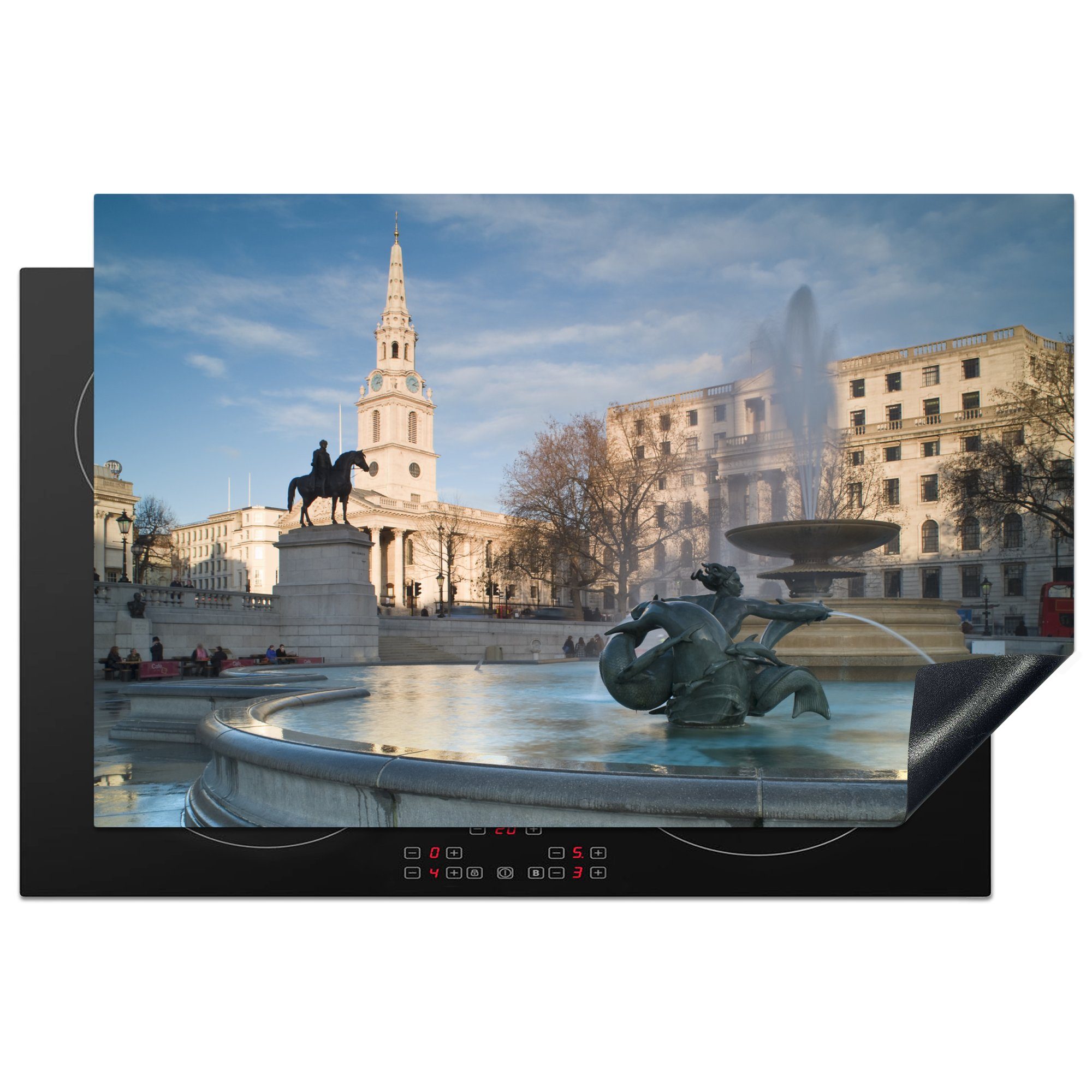 MuchoWow Herdblende-/Abdeckplatte Zierbrunnen auf dem Trafalgar Square, London, Vinyl, (1 tlg), 81x52 cm, Induktionskochfeld Schutz für die küche, Ceranfeldabdeckung