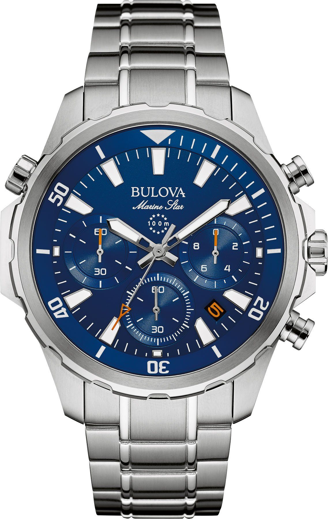 Bulova Chronograph Marine Star 96B256, Armbanduhr, Quarzuhr, Herrenuhr, Edelstahlarmband, Datum