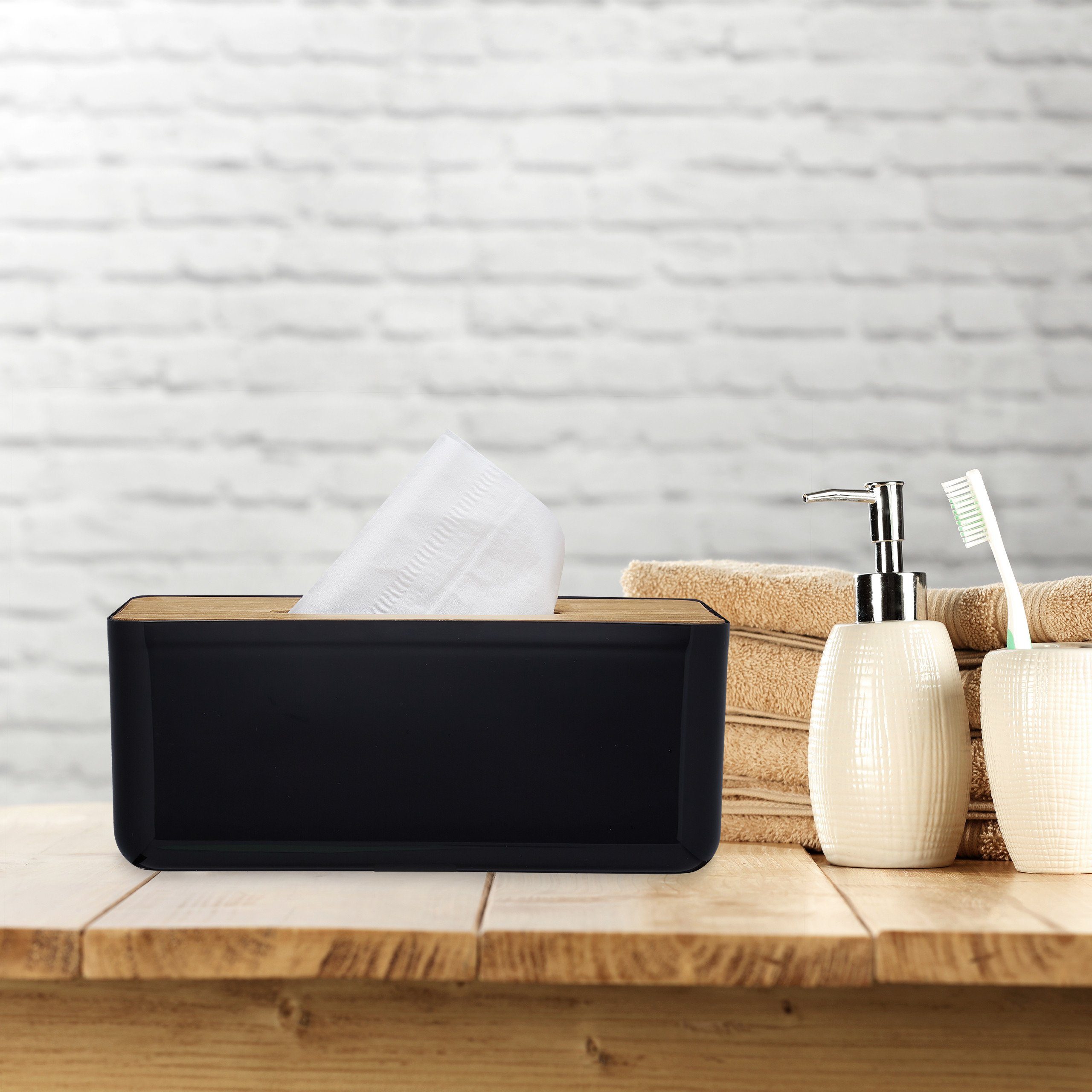 Thumbnail - relaxdays Papiertuchbox Kosmetiktücher Box mit Holz-Deckel, Schwarz