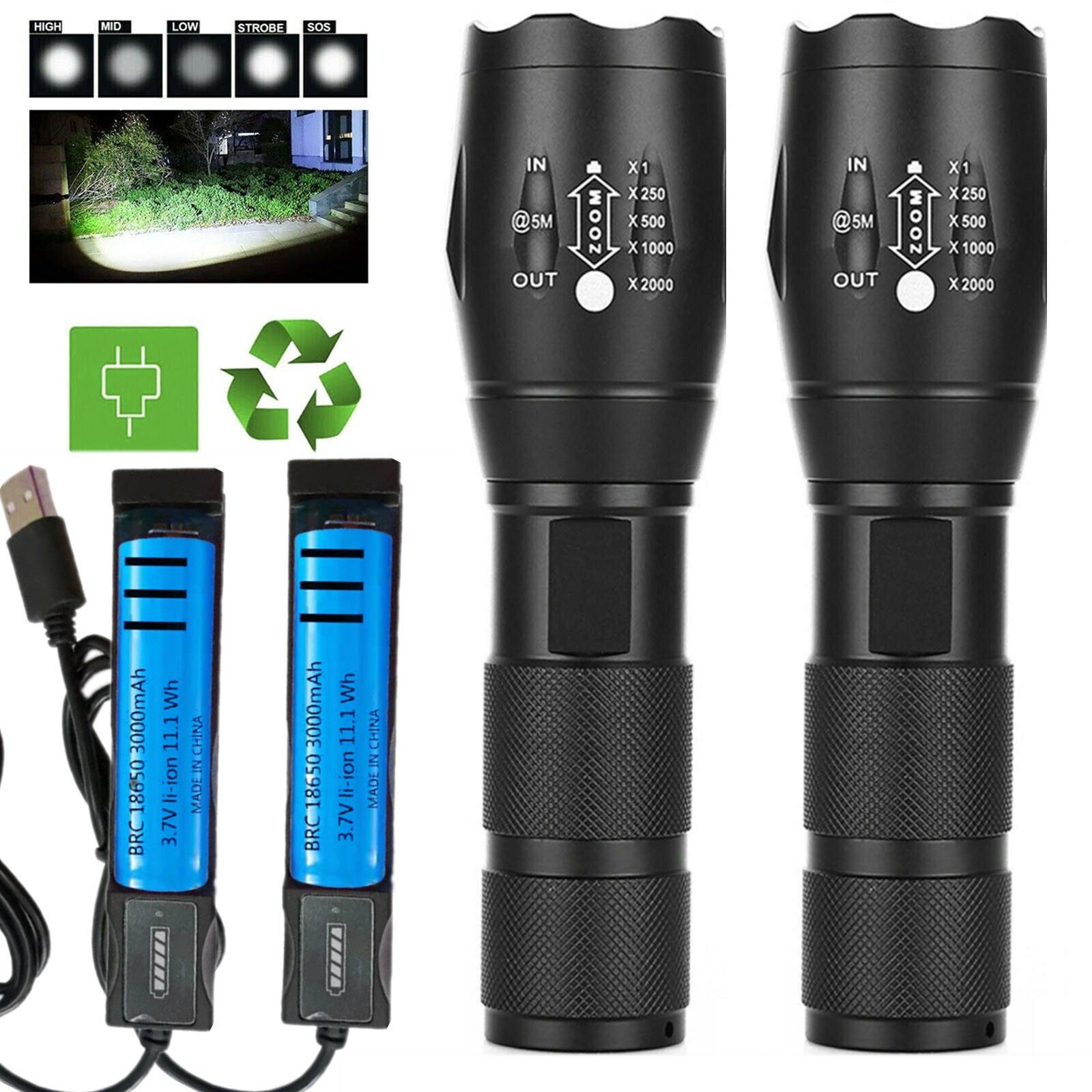 LED Taschenlampe 2 tlg Aufladbar Extrem Helle Zoombares Taktische Taschenlampen