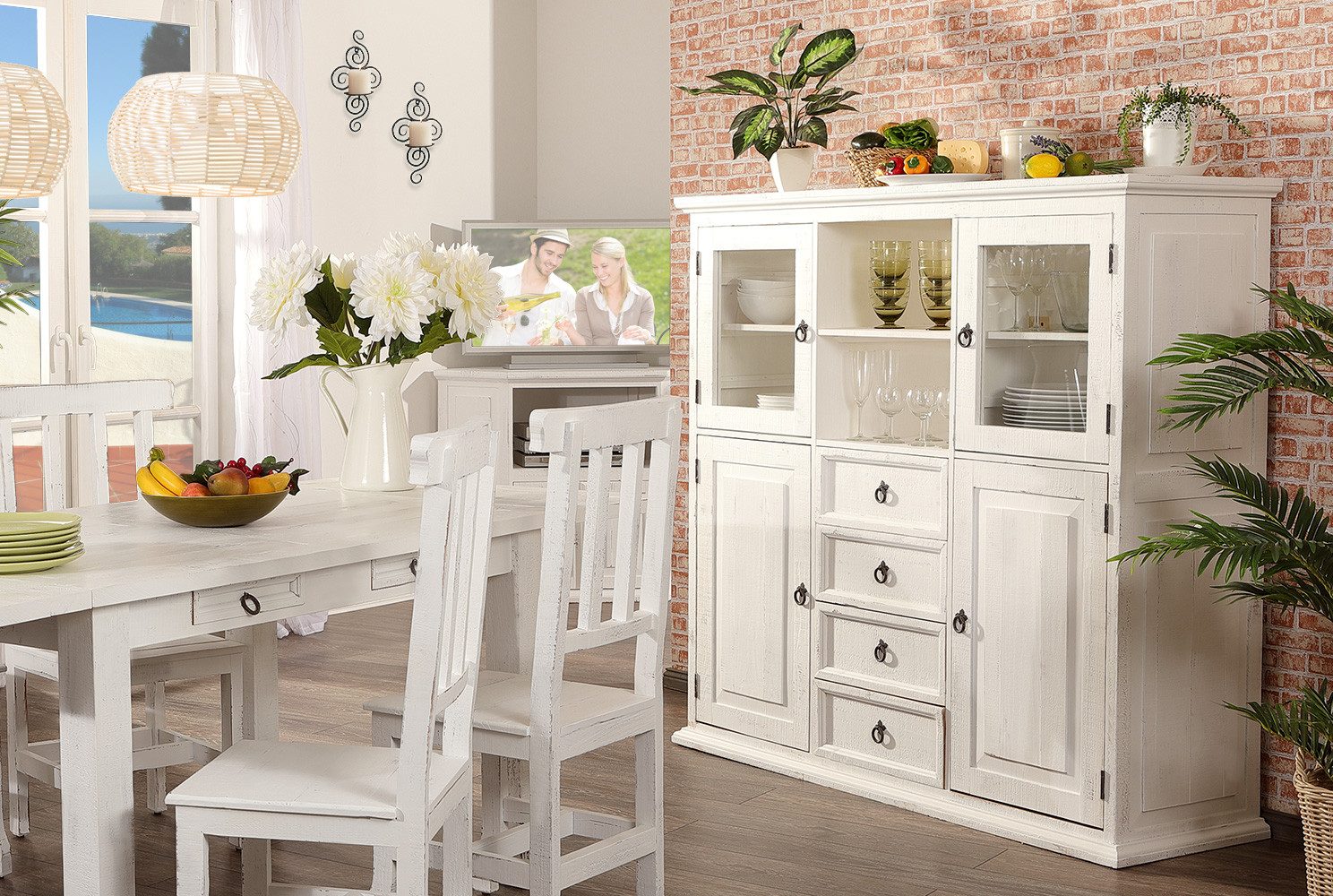 1a Direktimport Highboard Schrank Highboard MEXICO Weiß Antik - Pinie Massivholz - Landhausstil