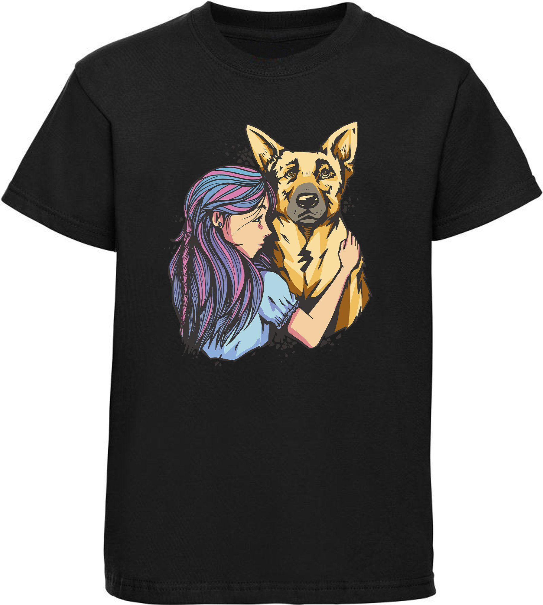- Mädchen mit mit Kinder Shirt Aufdruck, Schäferhund Baumwollshirt Hunde MyDesign24 Print T-Shirt schwarz bedruckt i258