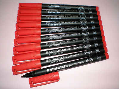 STAEDTLER Folienstift 10x Folienstift Lumocolor M permanent 317-2 rot OHP Pen Marker, wisch- und wasserfest