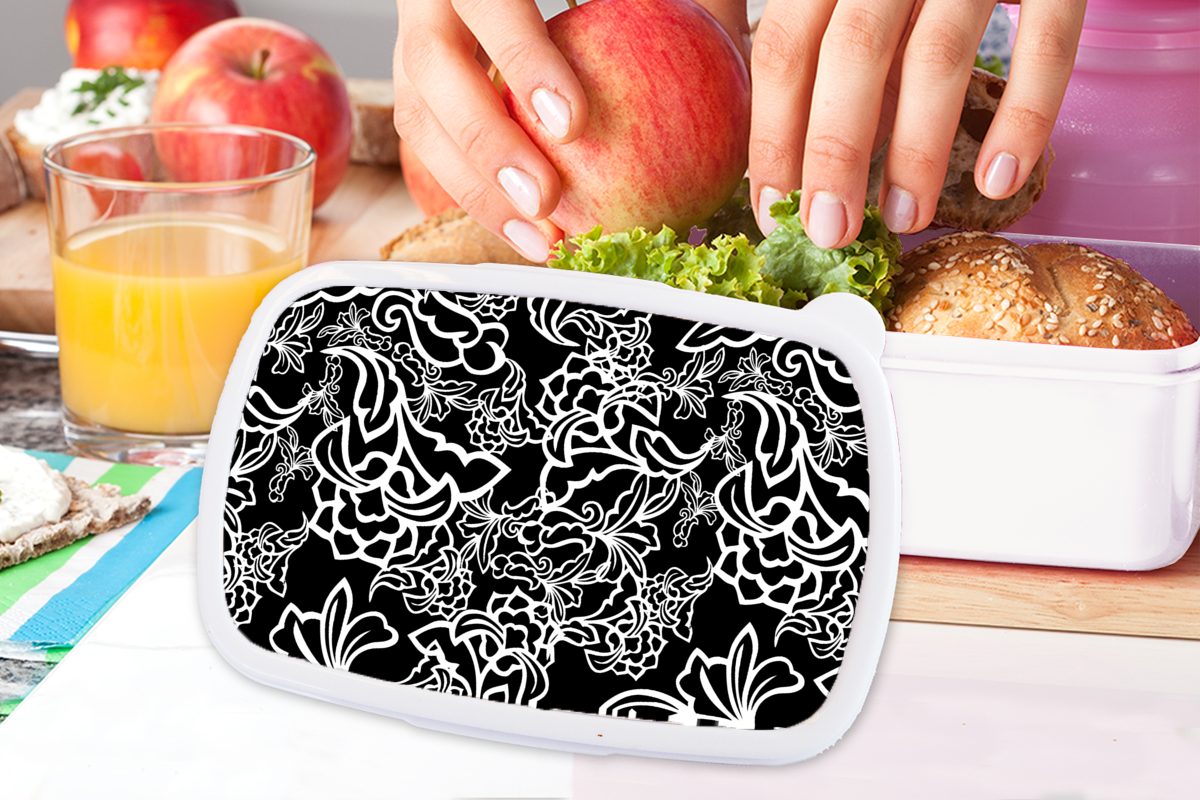 MuchoWow Lunchbox Muster - (2-tlg), und Weiß, Jungs Kunststoff, Brotdose, und und Kinder - Erwachsene, für Schwarz Mädchen Brotbox Blume für