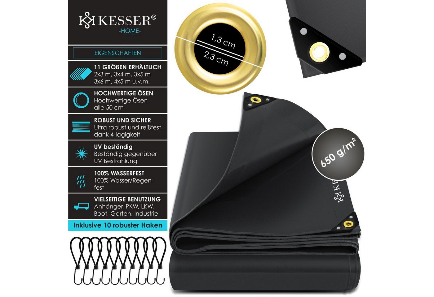Thumbnail - KESSER Schutzplane, Premium Abdeckplane mit Ösen, 650 g/m² PVC wasserdicht