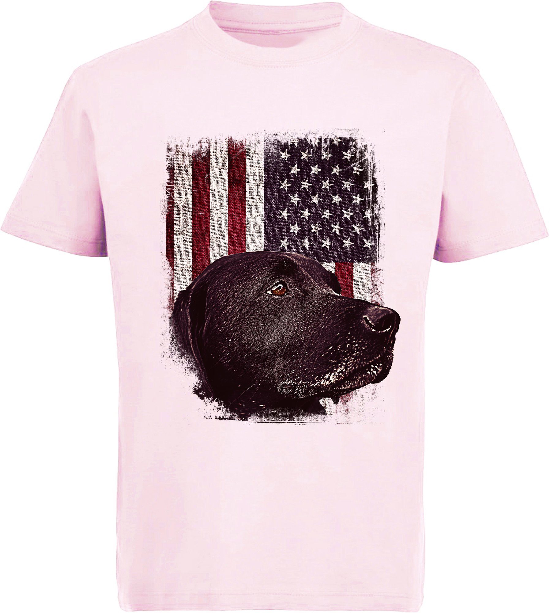 MyDesign24 T-Shirt Kinder Hunde Print Shirt bedruckt - schwarzer Labrador vor USA Flagge Baumwollshirt mit Aufdruck, i246 rosa