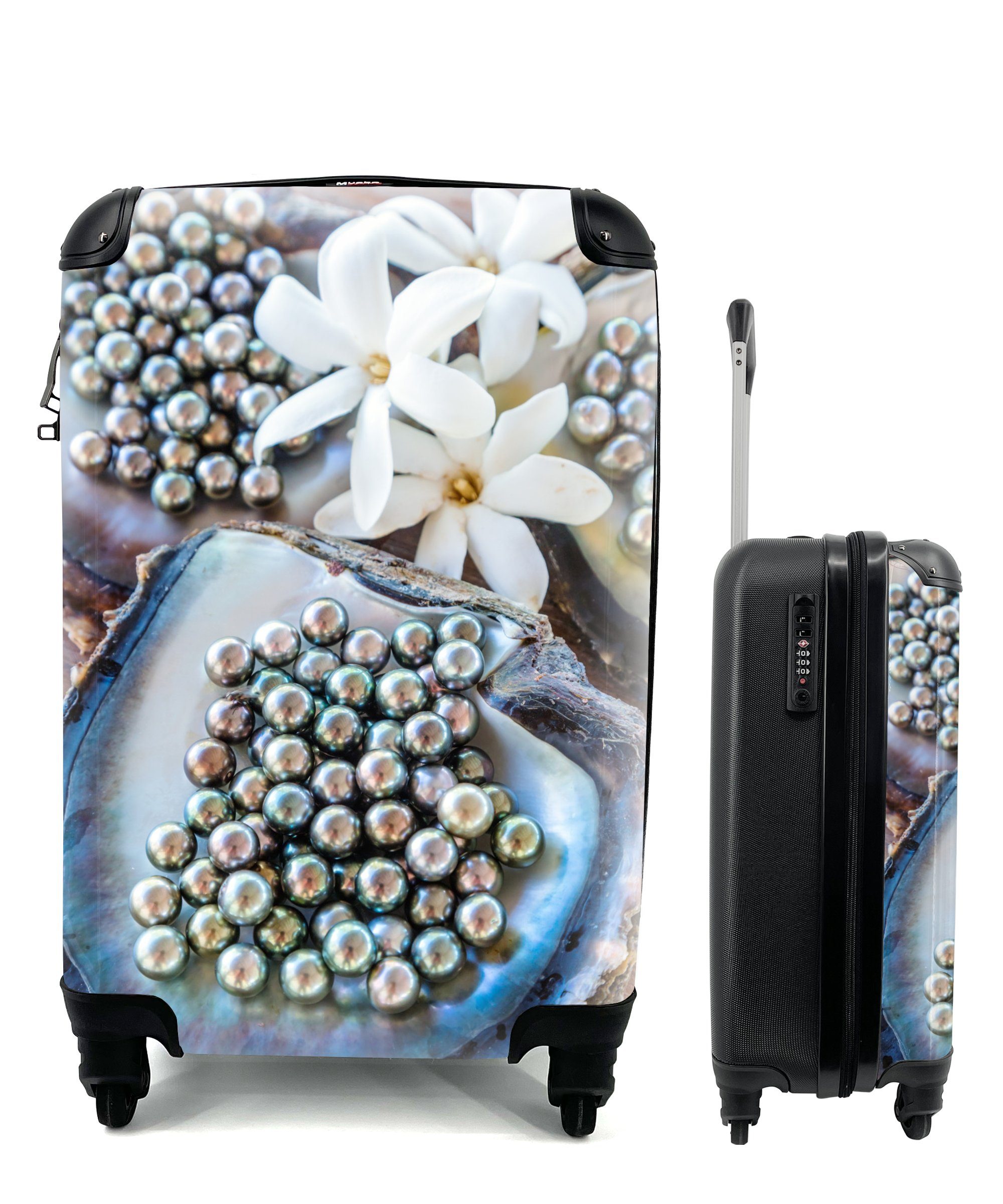 MuchoWow Handgepäckkoffer Weiße Blumen zwischen Austern mit schwarzen Perlen, 4 Rollen, Reisetasche mit rollen, Handgepäck für Ferien, Trolley, Reisekoffer