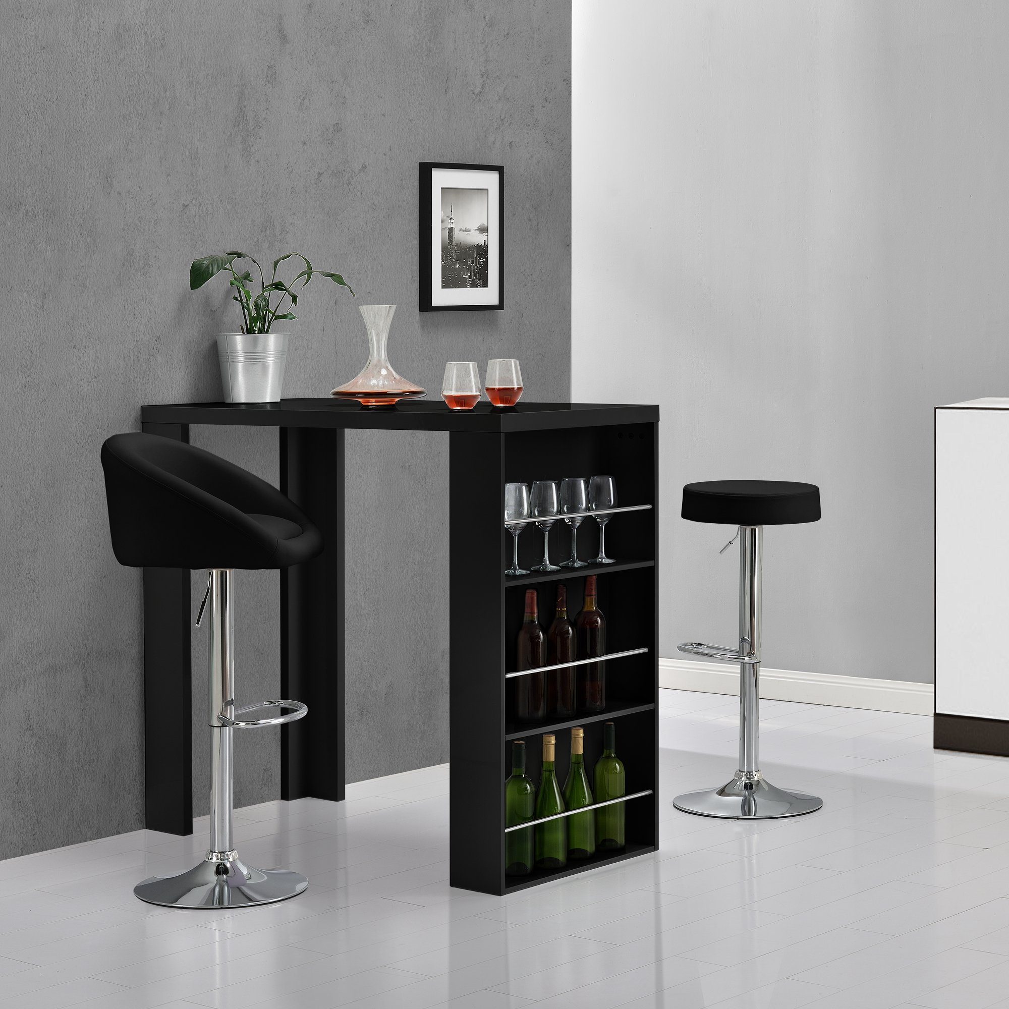 en.casa Bartisch, »Bonn« Bartheke mit seitlichem Regal schwarz 117 x 57 x 106,5 cm