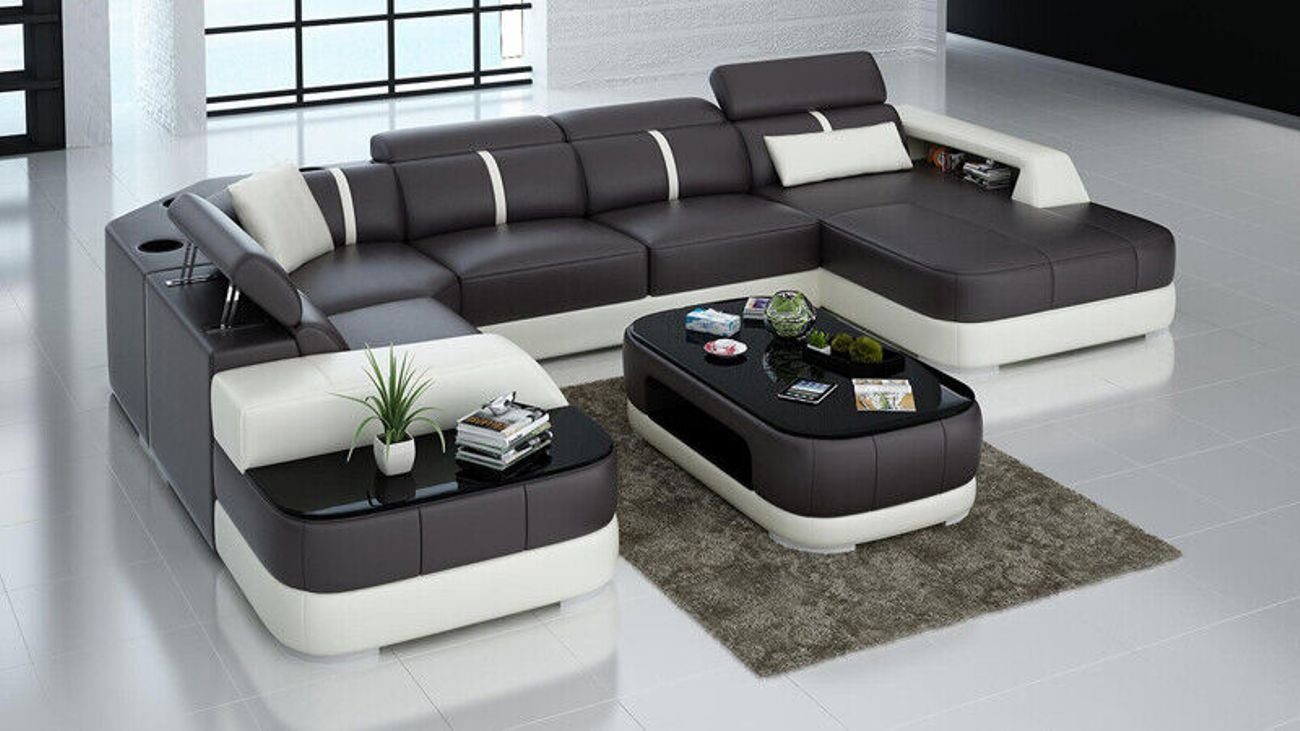 JVmoebel Ecksofa Ledersofa Couch Sofa Garnitur Eck Polster mit USB Sitz Wohnzimmer