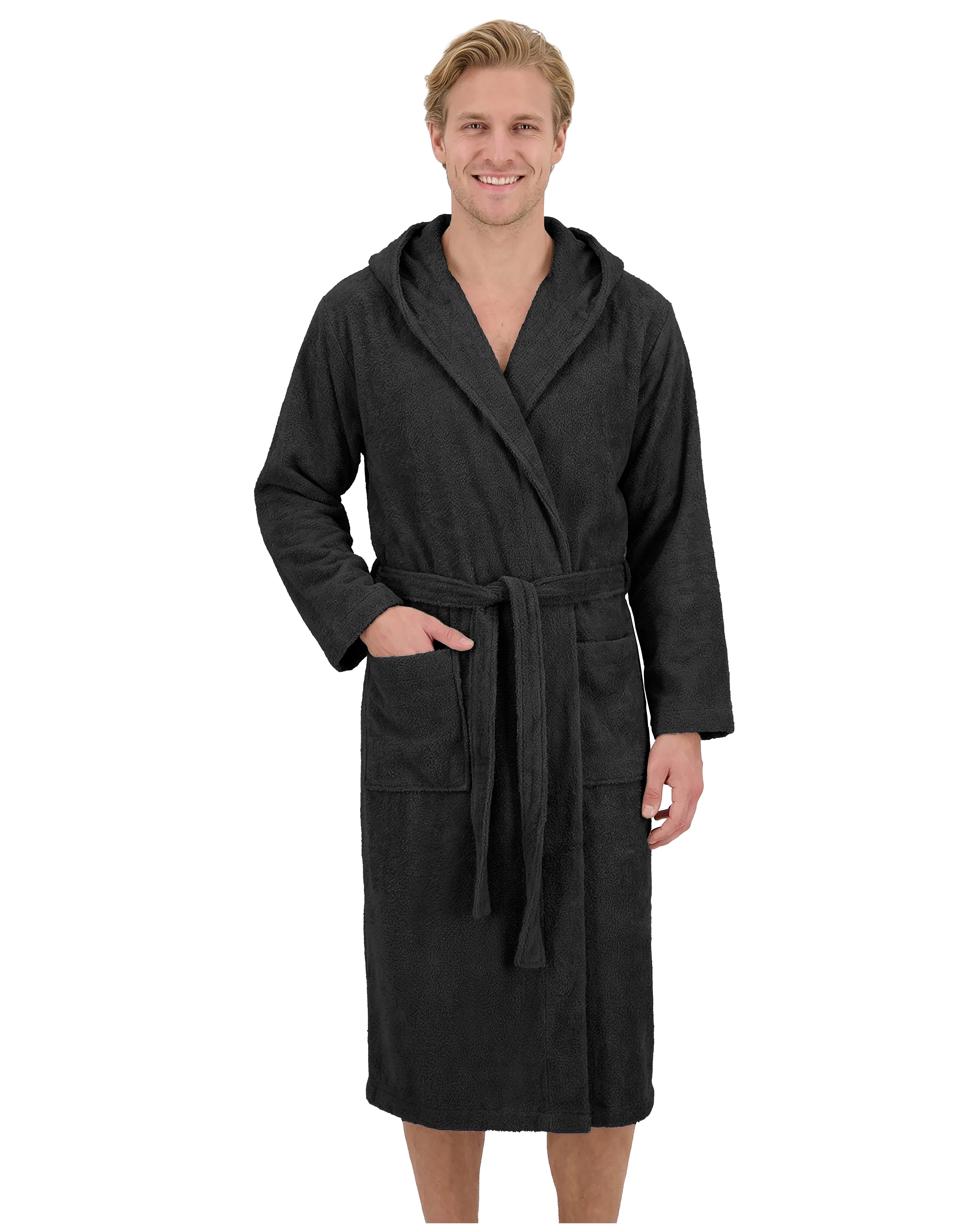 Laynenburg Herrenbademantel Bademantel Herren mit Kapuze aus 100% Baumwolle Frottee, mit Gürtel, aufgesetzten Taschen, Waden-lang für Spa, Sauna, M-XXXL