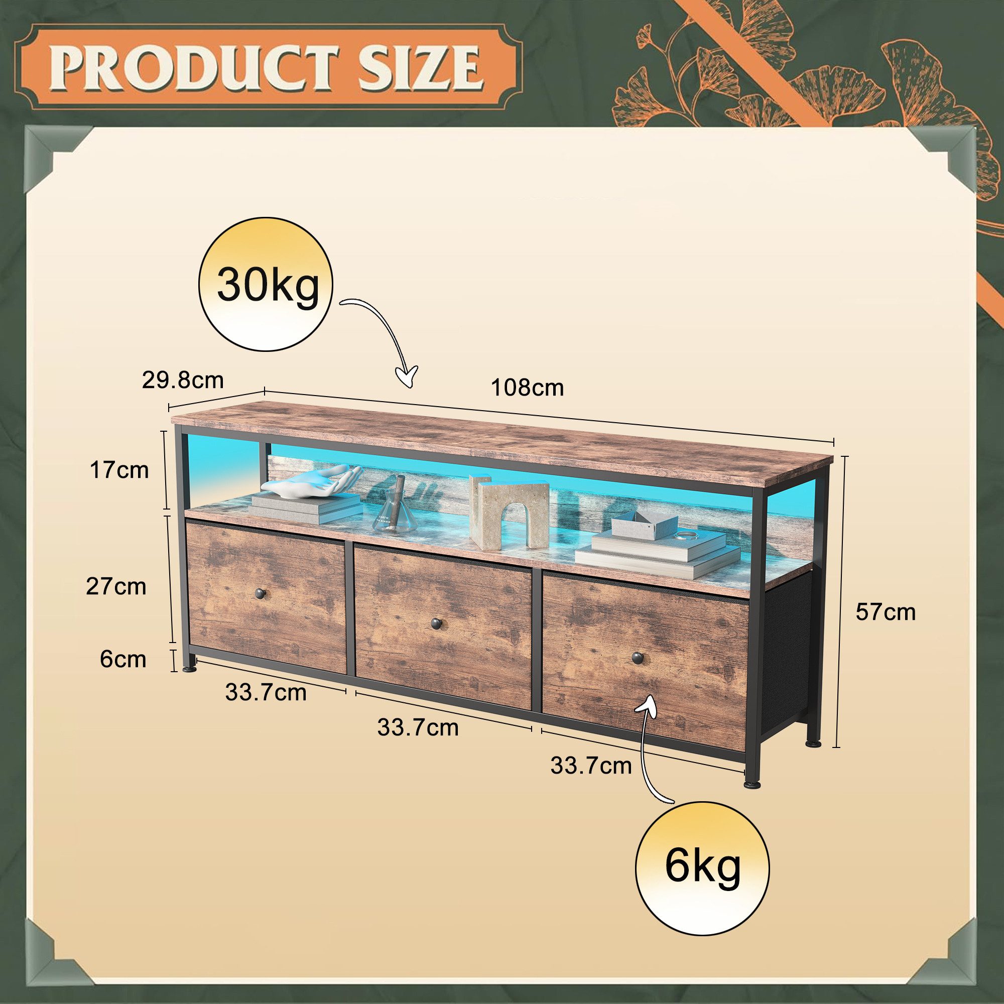 Simurq TV-Schrank mit LED & Stoffboxen Lowboard 108-137cm im Tiger-Look – Bild 4 von 5