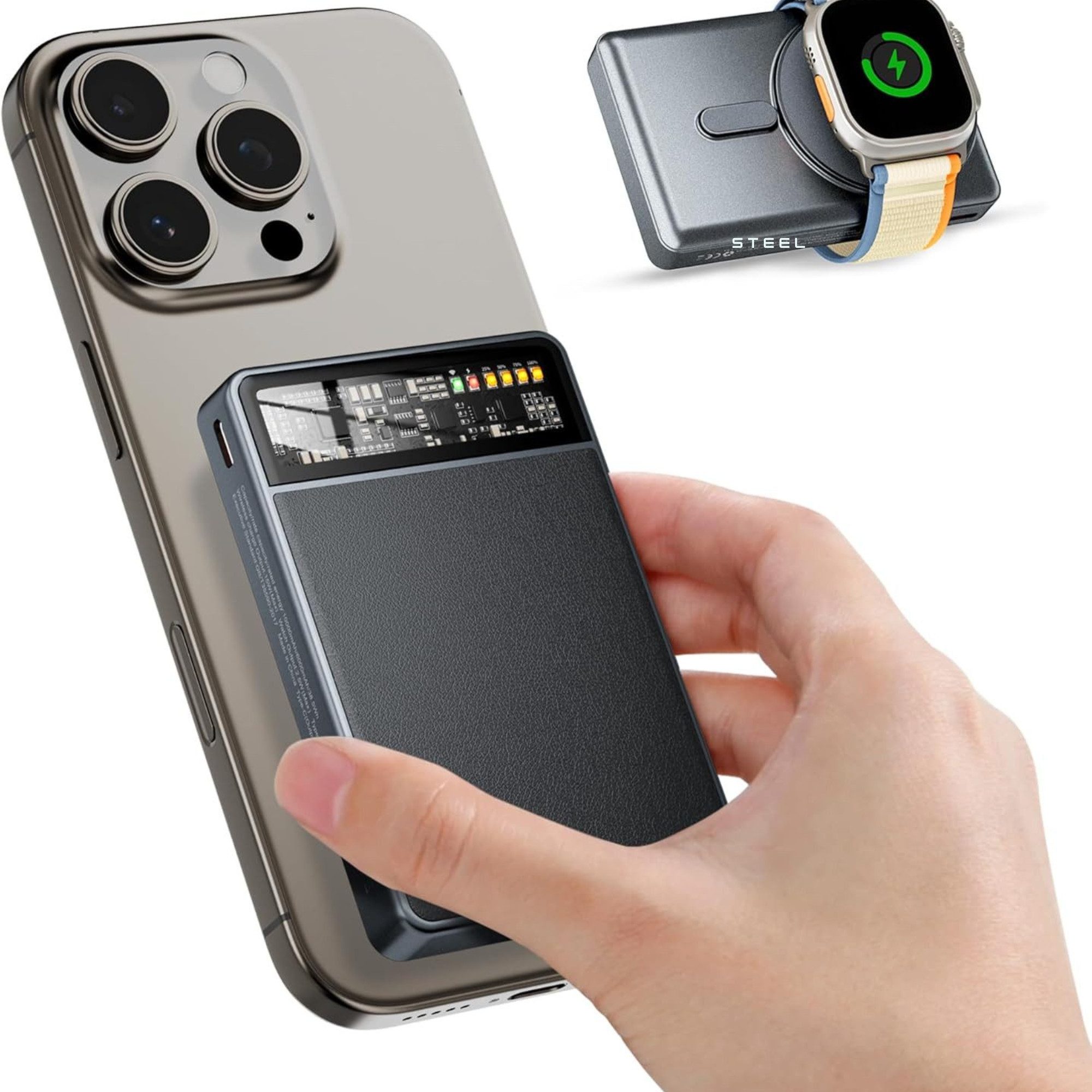 KPON MagSafe Powerbank 10000mAh mit Schnellladefunktion, 20W USB-C PD Powerbank 10000 mAh, Magnetisches kabelloses Ladegerät mit klappbarem Ständer