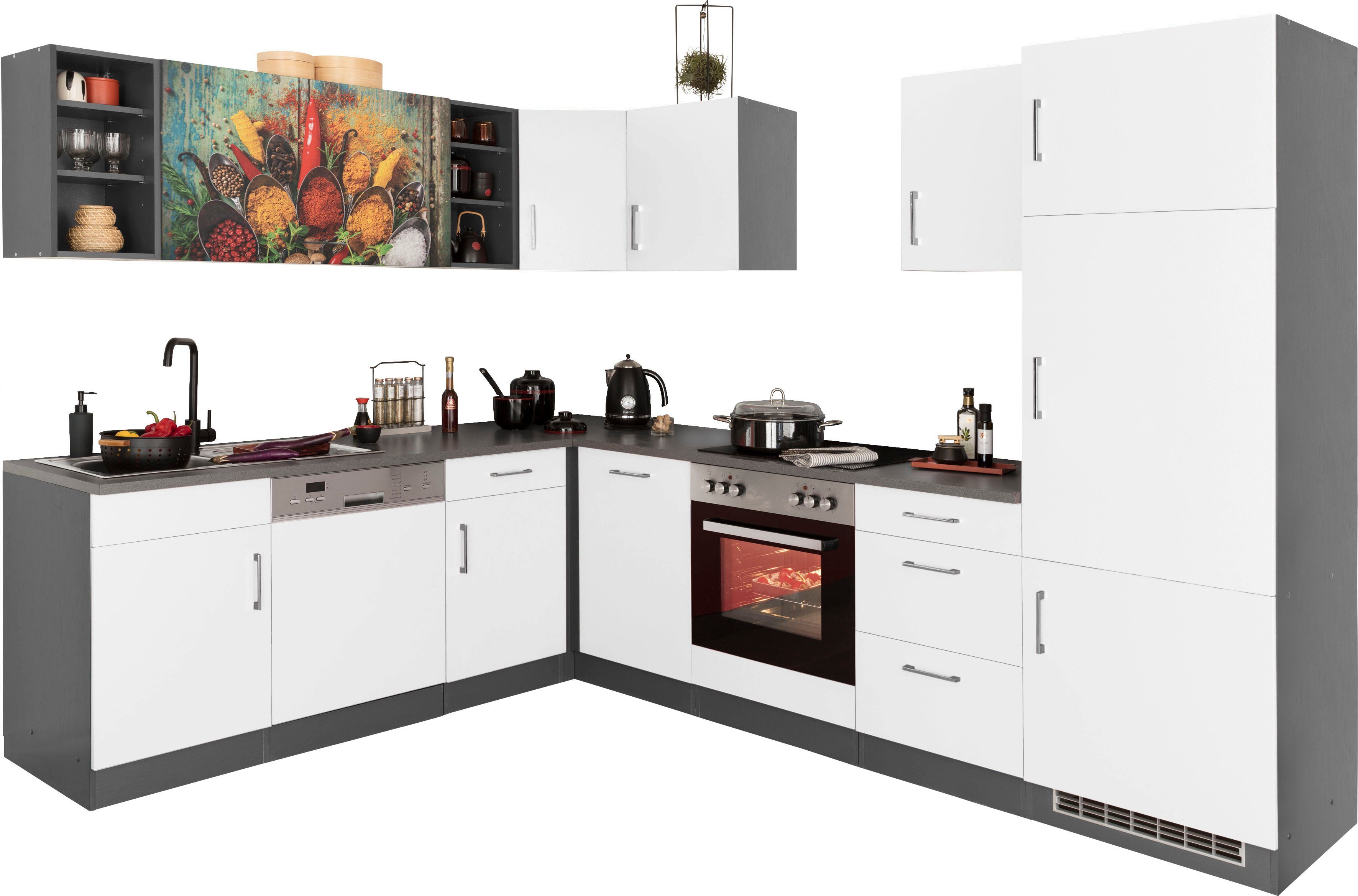 KOCHSTATION Küchenzeile KS-Paris – Küchen mit einzigartigen Fotomotiven auf den Fronten, Stellbreite 220/280 cm, wahlweise mit E-Geräten, mit Motivdruck