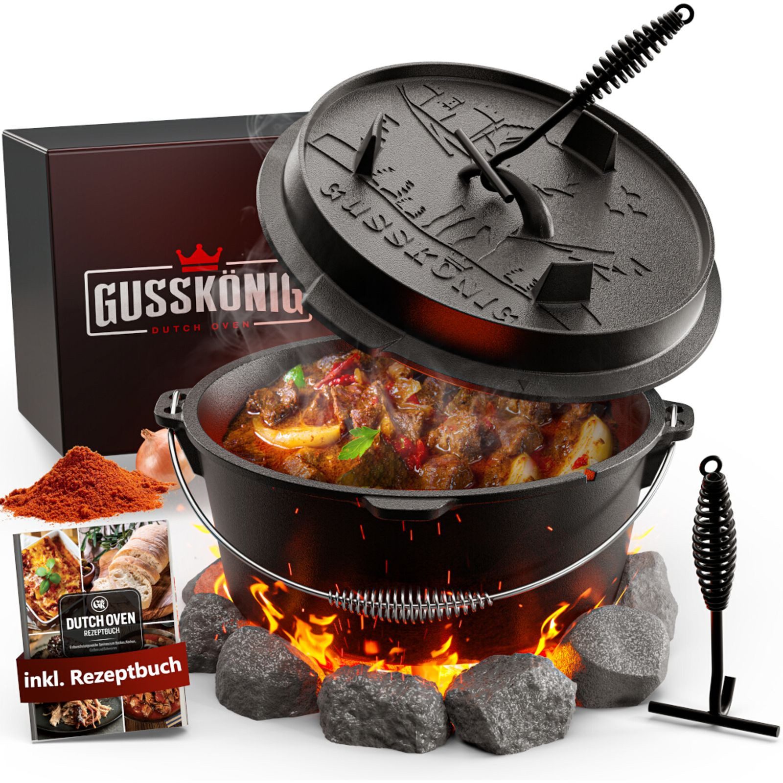GUSSKÖNIG Grilltopf Dutch Oven 7 l mit Füßen – eingebranntes Set mit Deckelheber & Zubehör, Gusseisen