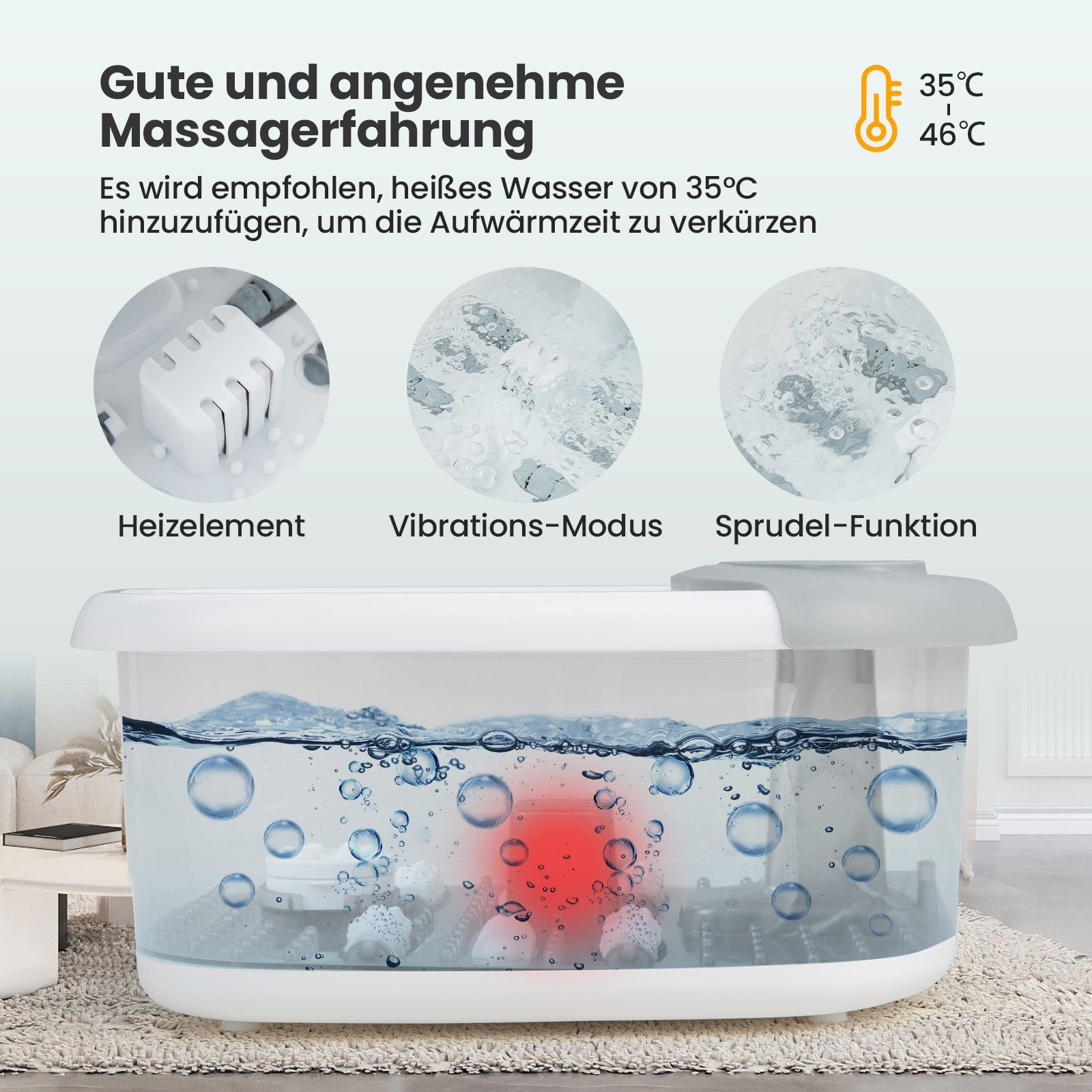 COSTWAY Fußbad, mit Heizfunktion, Vibration, Bubble, Bimsstein, Massagerollen