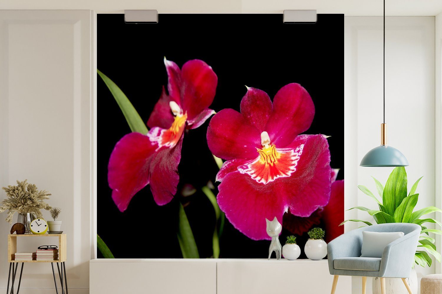 MuchoWow Fototapete Vinyl für schwarzem Orchideen Schlafzimmer, Hintergrund, oder bedruckt, Wandtapete vor (5 Wohnzimmer St), Rote Matt, Tapete
