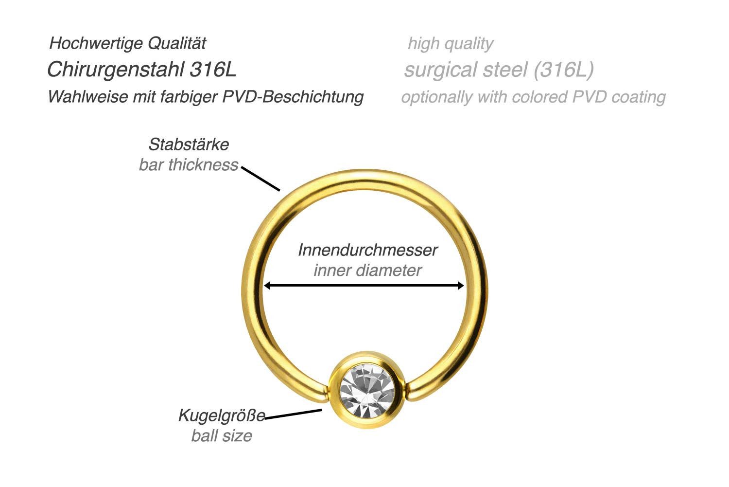 PIERCINGLINE Nasenpiercing Chirurgenstahl Klemmkugelring KRISTALL (Klemm-Ringe, 1-tlg)