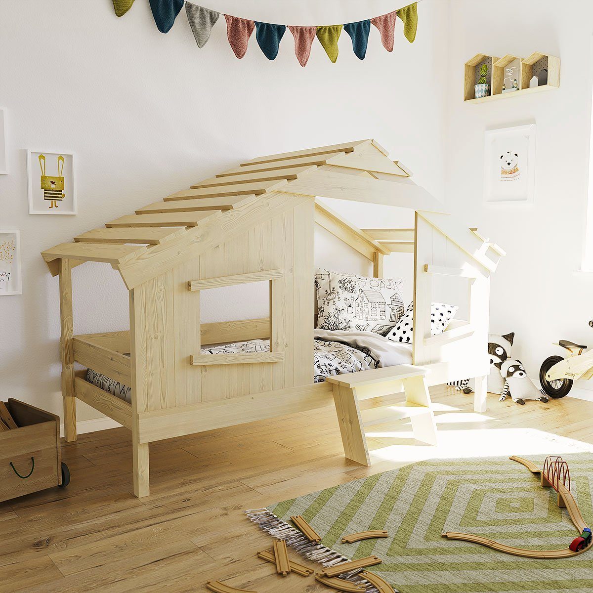 Artkid Kinderbett Cosmo Hausbett aus Kiefer natur Liegefläche 90 x 200 cm