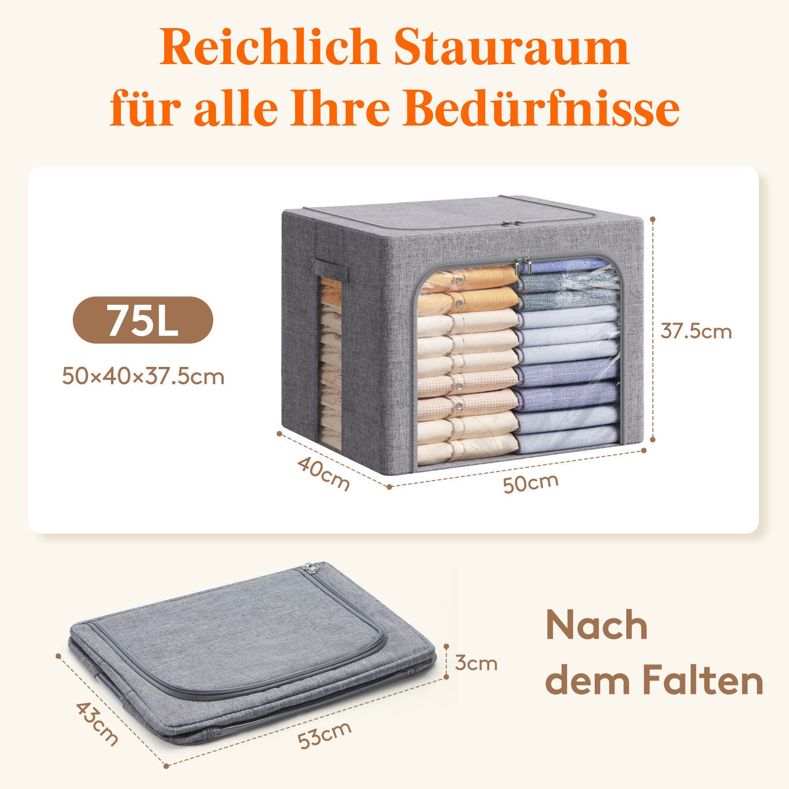 Lifewit Aufbewahrungsdose Kleider Aufbewahrungsbox faltbar Stoff Metallrahmen und Sichtfenster. (Set, 2 St., 75l), Einfache Montage, faltbar