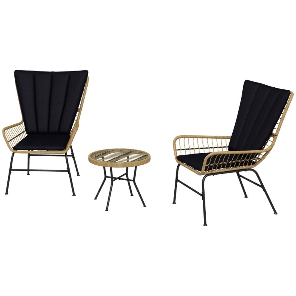 MODFU Sitzgruppe Rattan Gartenmöbel-Set 3-teilig mit Beistelltisch und Stühlen, (Set, 3-tlg., Gartensitzgruppe mit Hartglasplatte, robust und pflegeleicht), 78x68x95 cm 2 Stühle mit Kissen für gemütliche Stunden im Garten