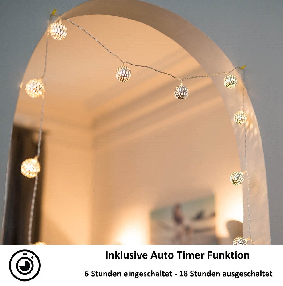 COZY HOME LED-Lichterkette Marokkanische Batterie und Stecker -, 20 LEDs I Timer-Funktion I Warmweiß I Lichterkette Innen