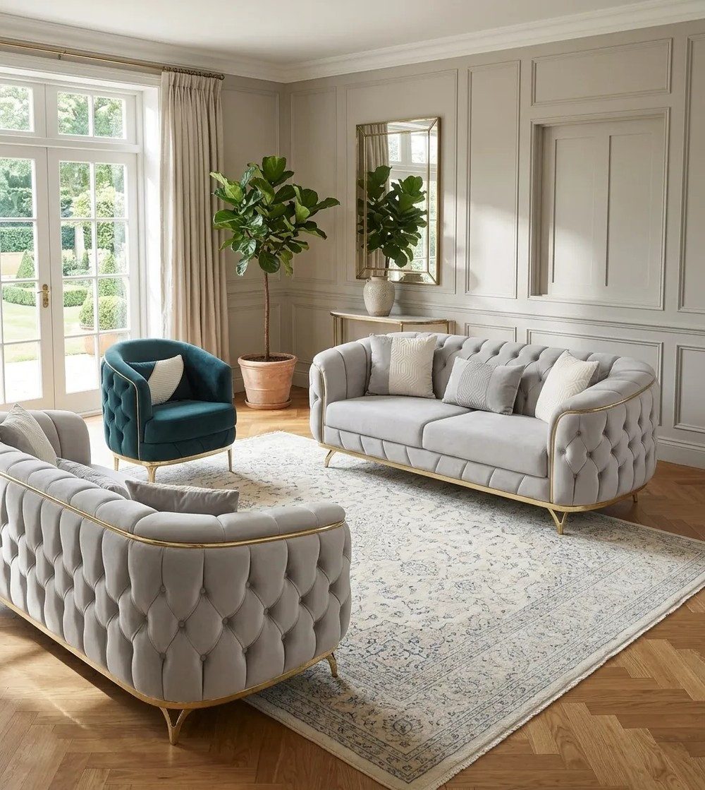 Xlmoebel Chesterfield-Sofa Elegante Chesterfield Polstergarnitur aus hochwertigem Stoff, 3 Teile, Made in Europa