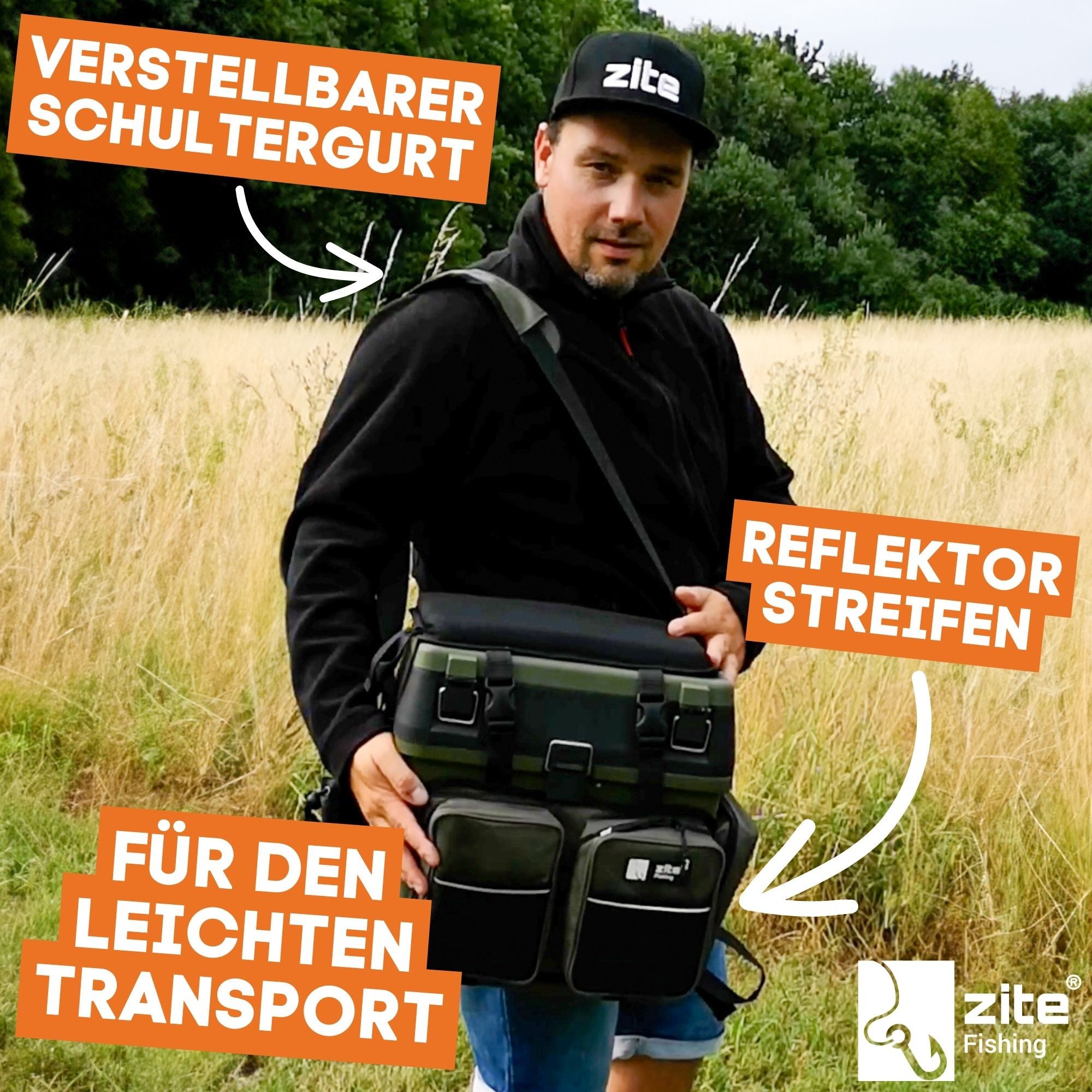 Zite Angelrucksack und Multi-Sitzkiepe in 1 - Inklusive 4 Tackleboxen im Deckel