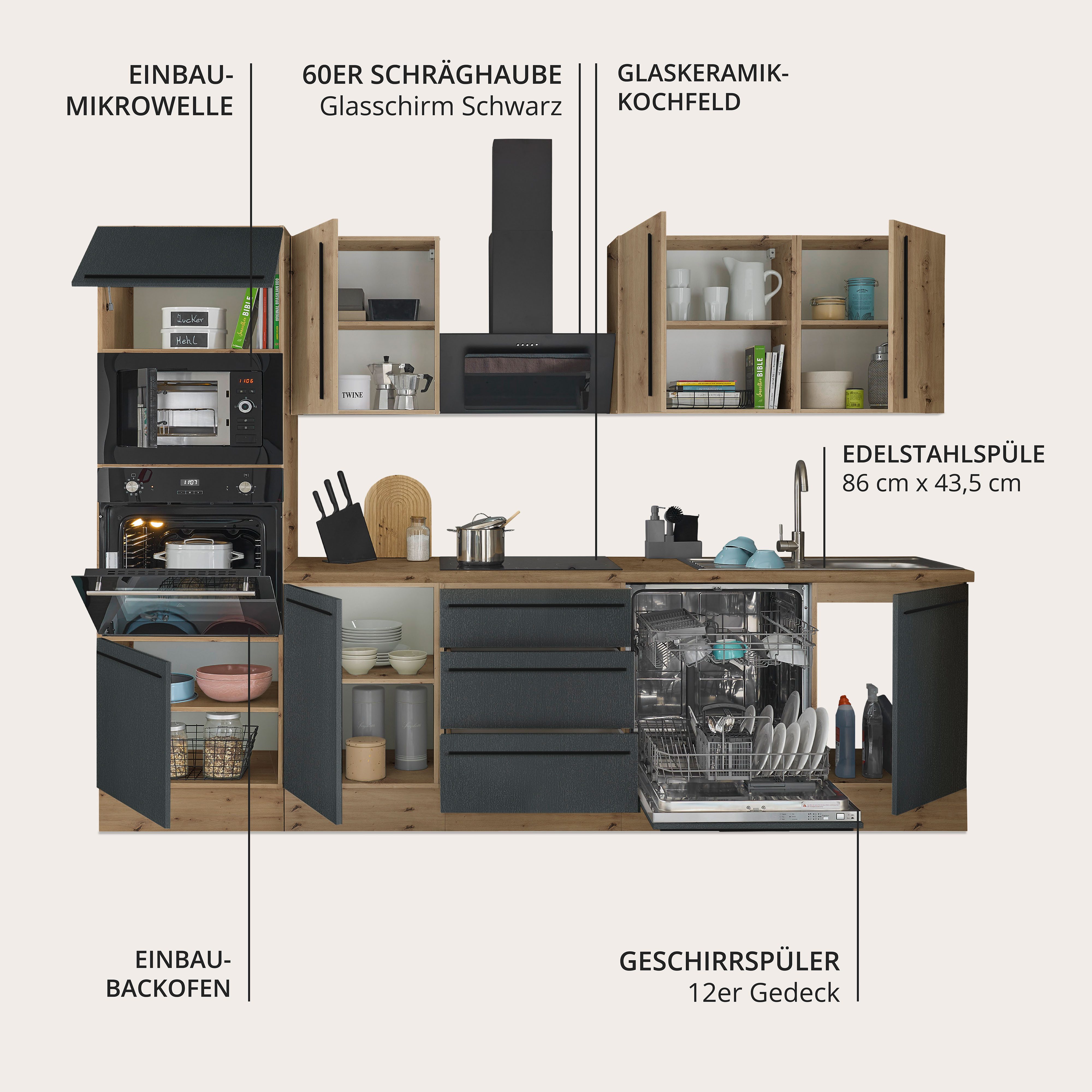 KOCHSTATION Küchenzeile Florida, Breite 280 cm, wahlweise mit E-Geräten,Softclose für Türen/Schubkästen