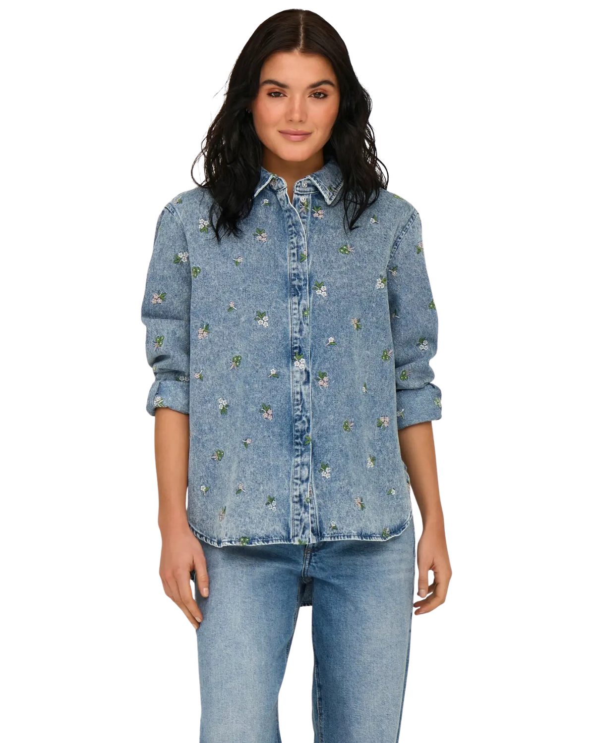 ONLY Jeansbluse Damen Hemdbluse mit floraler Stickerei