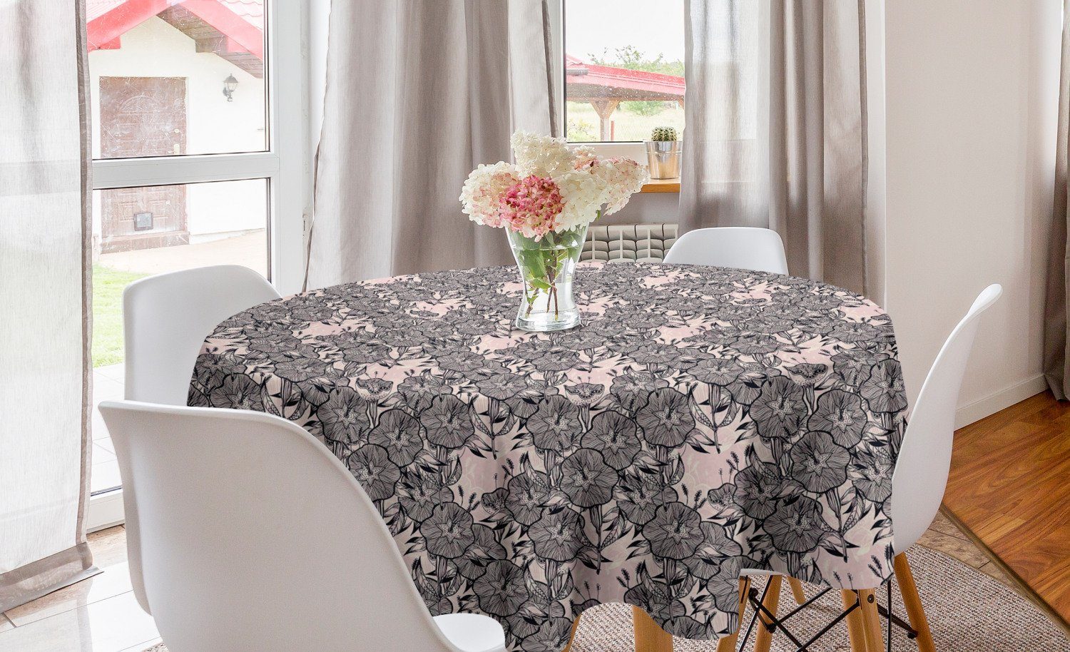 Abakuhaus Tischdecke Kreis Tischdecke Abdeckung für Esszimmer Küche Dekoration, Rosa Blumen Kreative Bindweed Motiv