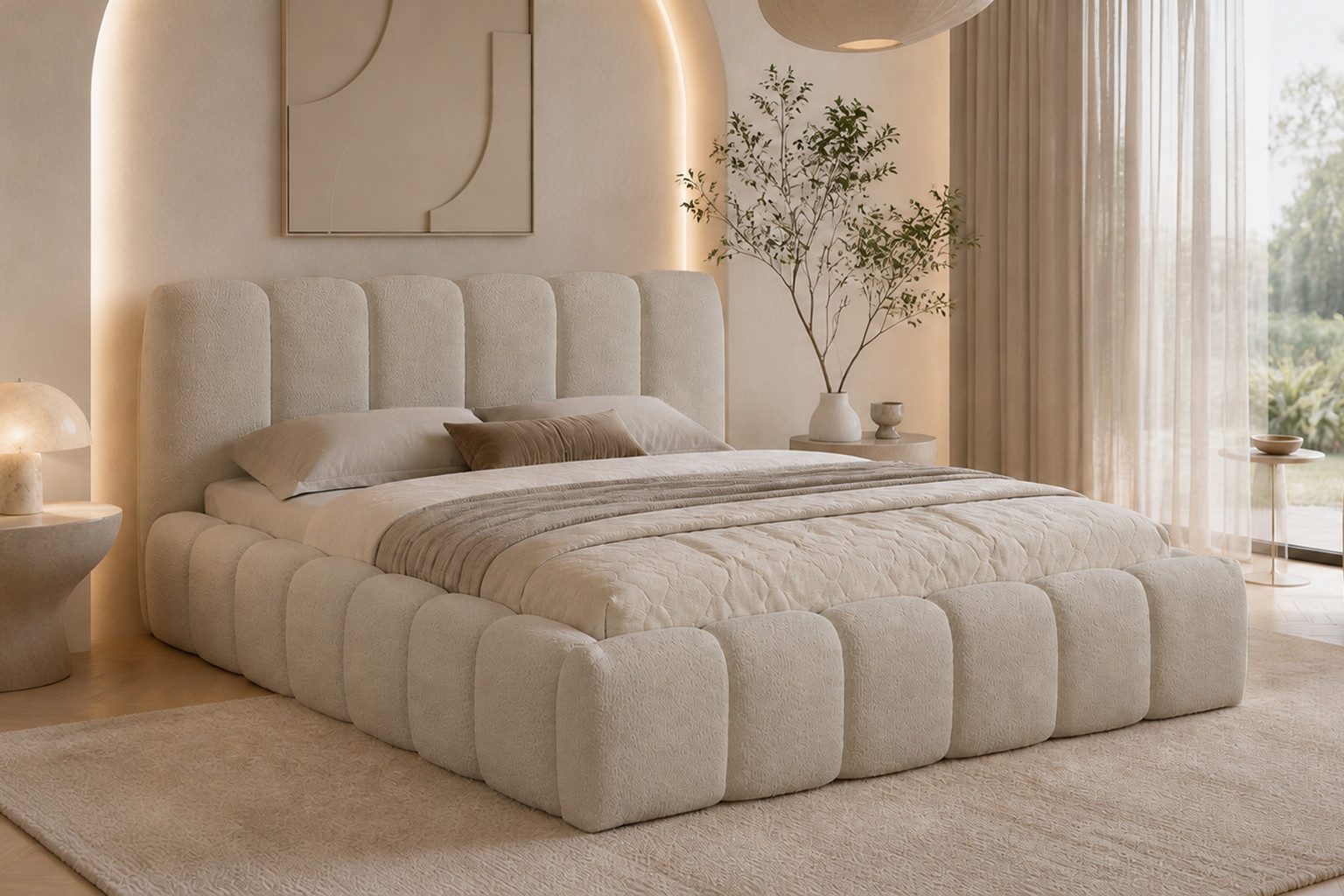 Kaiser Möbel Polsterbett mit Bettkasten, Bouclé-Stoff Catch Me, MICANDI (Bett mit Bettkasten, Bettgestell mit Lattenrost), Bouclé-Stoff,Vertikale Ziernähte, Premium-Ausführung,Modernes Design