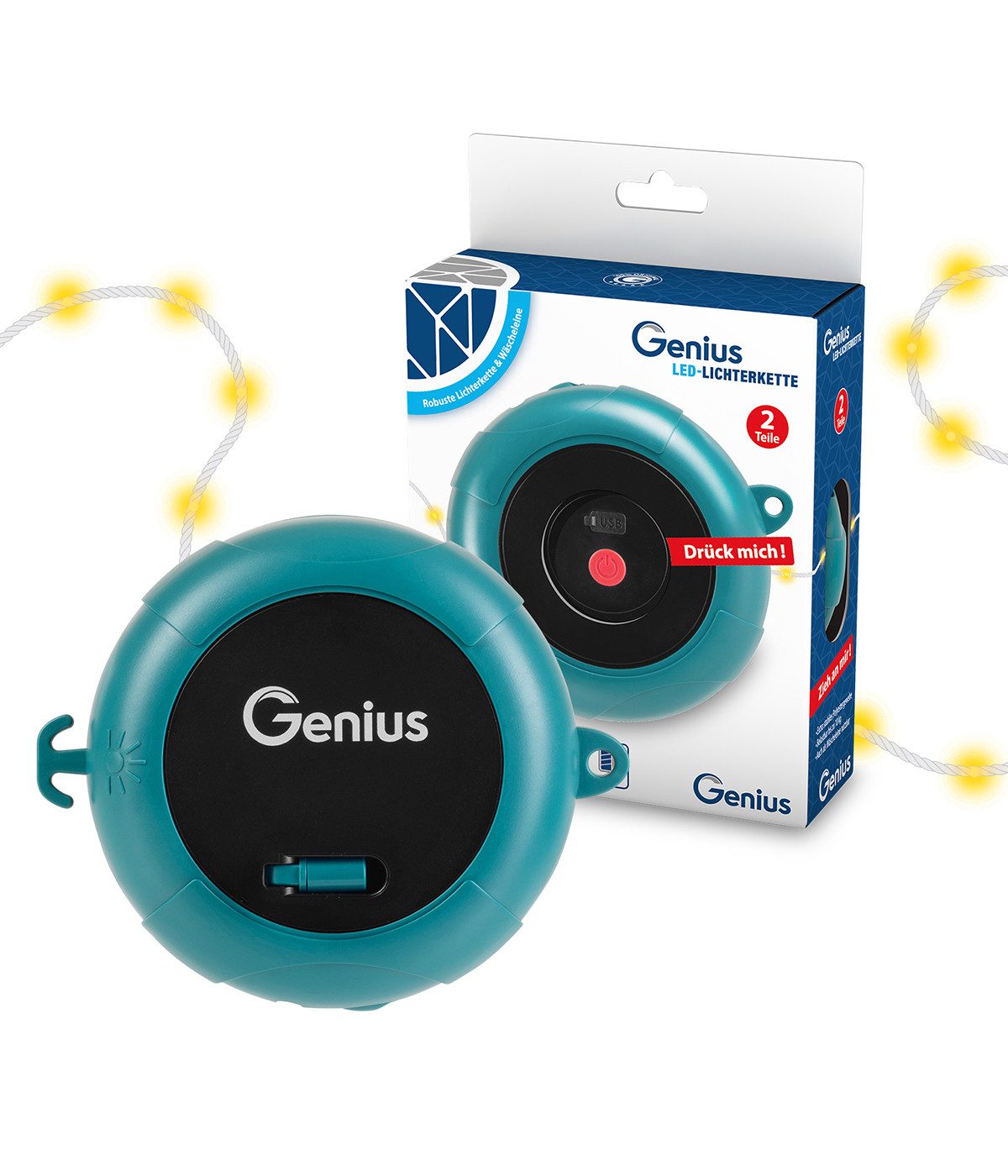 Genius LED-Lichterkette Genius Camping LED Lichterkette Akku aufrollbar 2.tlg, 4 Lichtmodi, Wetterfest (IP44) – perfekt für Outdoor & Camping