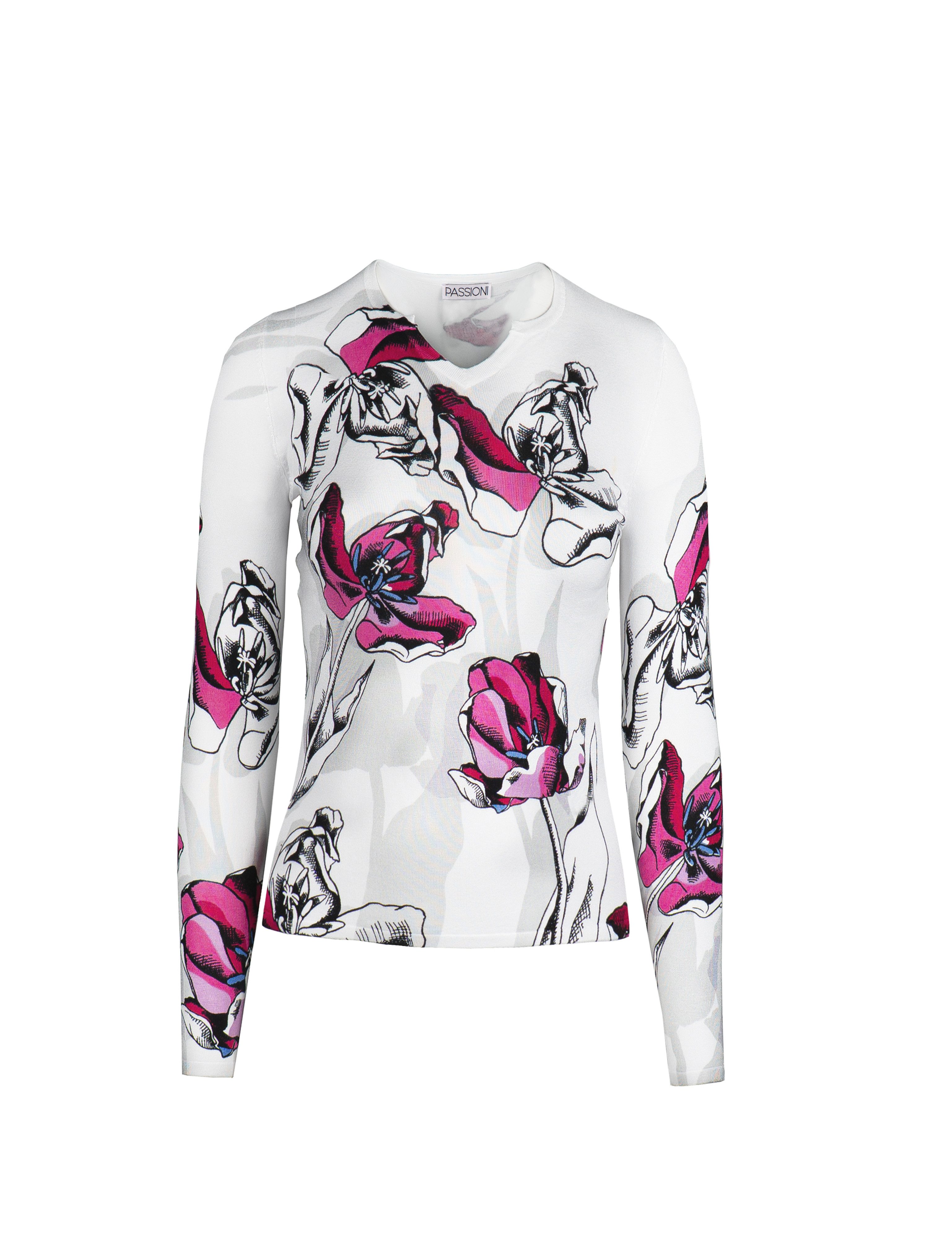 Passioni Strickpullover in weiß mit pink schwarzen Blüten günstig online kaufen