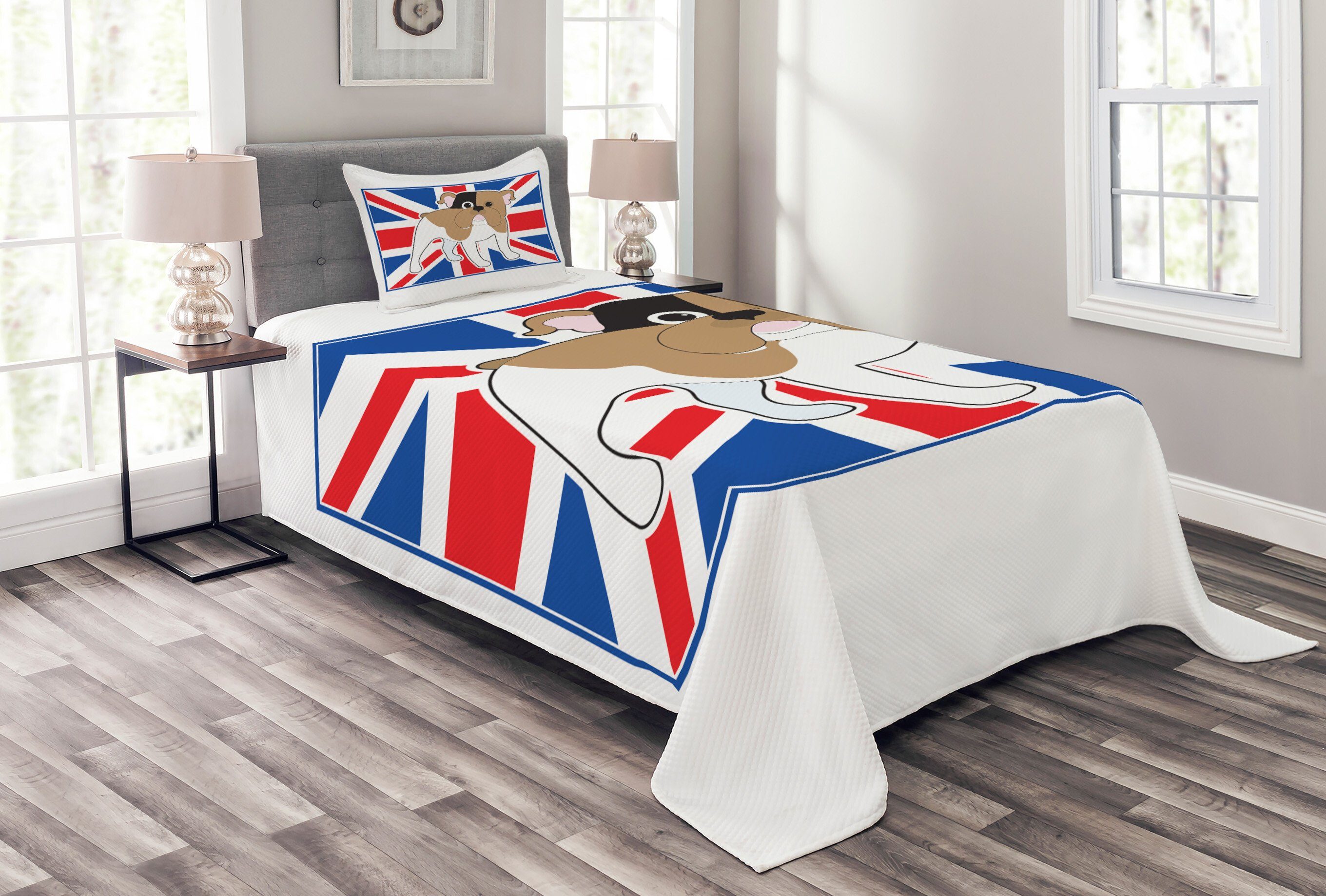 Tagesdecke Set mit Kissenbezügen Waschbar, Abakuhaus, Bulldogge Britische Flagge Illustration
