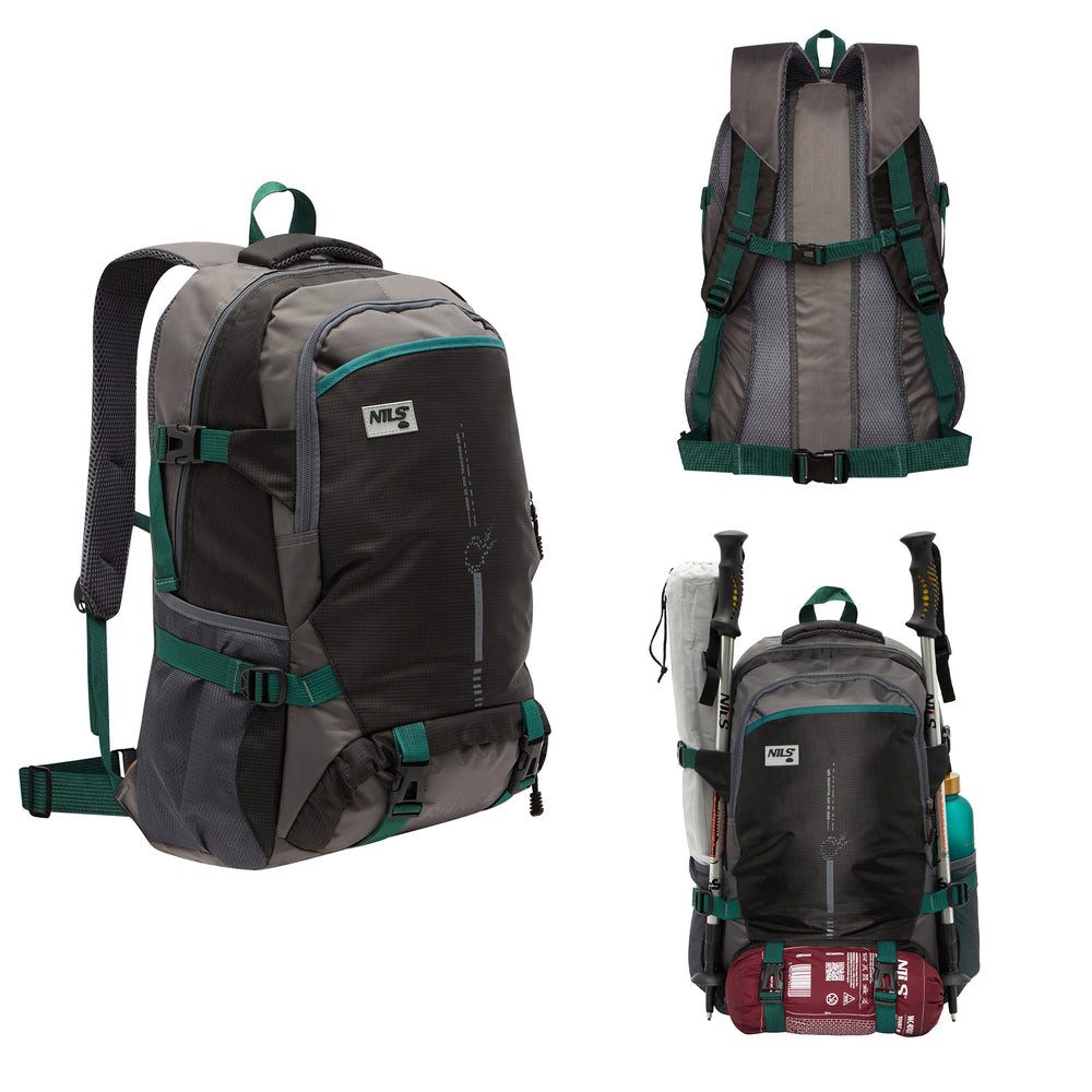 NILS CAMP Trekkingrucksack Wanderrucksack Reiserucksack Laptoprucksack (Spar-Set, 1-tlg., 52 x 33 x 18 cm leicht), 45 l, Laptopfach, Hüftgurt, 600 g, Belüftung