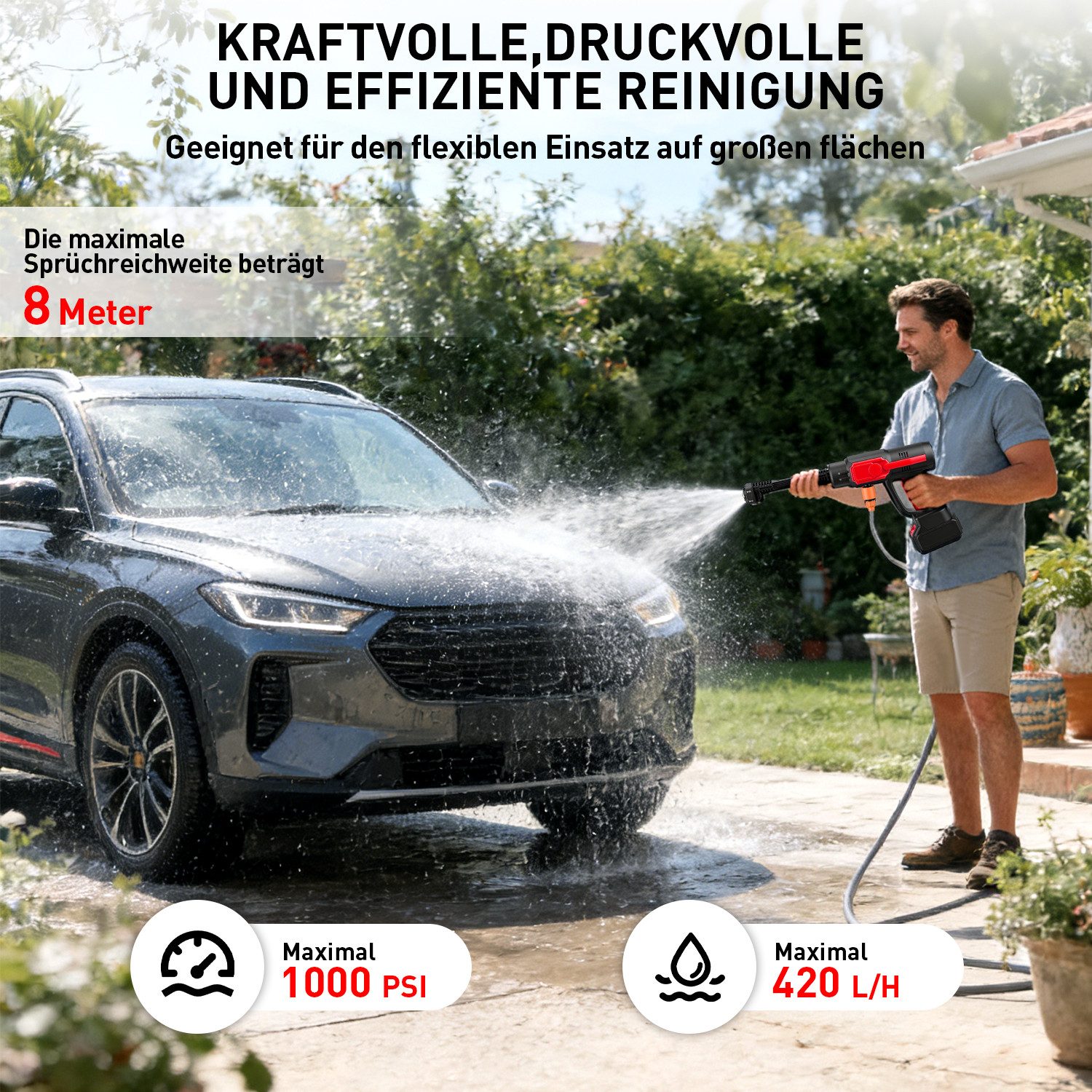 CkeyiN Akku-Hochdruckreiniger Akku-Hochdruckreiniger 70Bar 420L/h mit 6-in-1 Düse 2 Akku 21V, Druck max: 70 bar, LCD-Display,10 Stufen einstellbar,Touchtasten, für Auto,Terrasse,Rasen