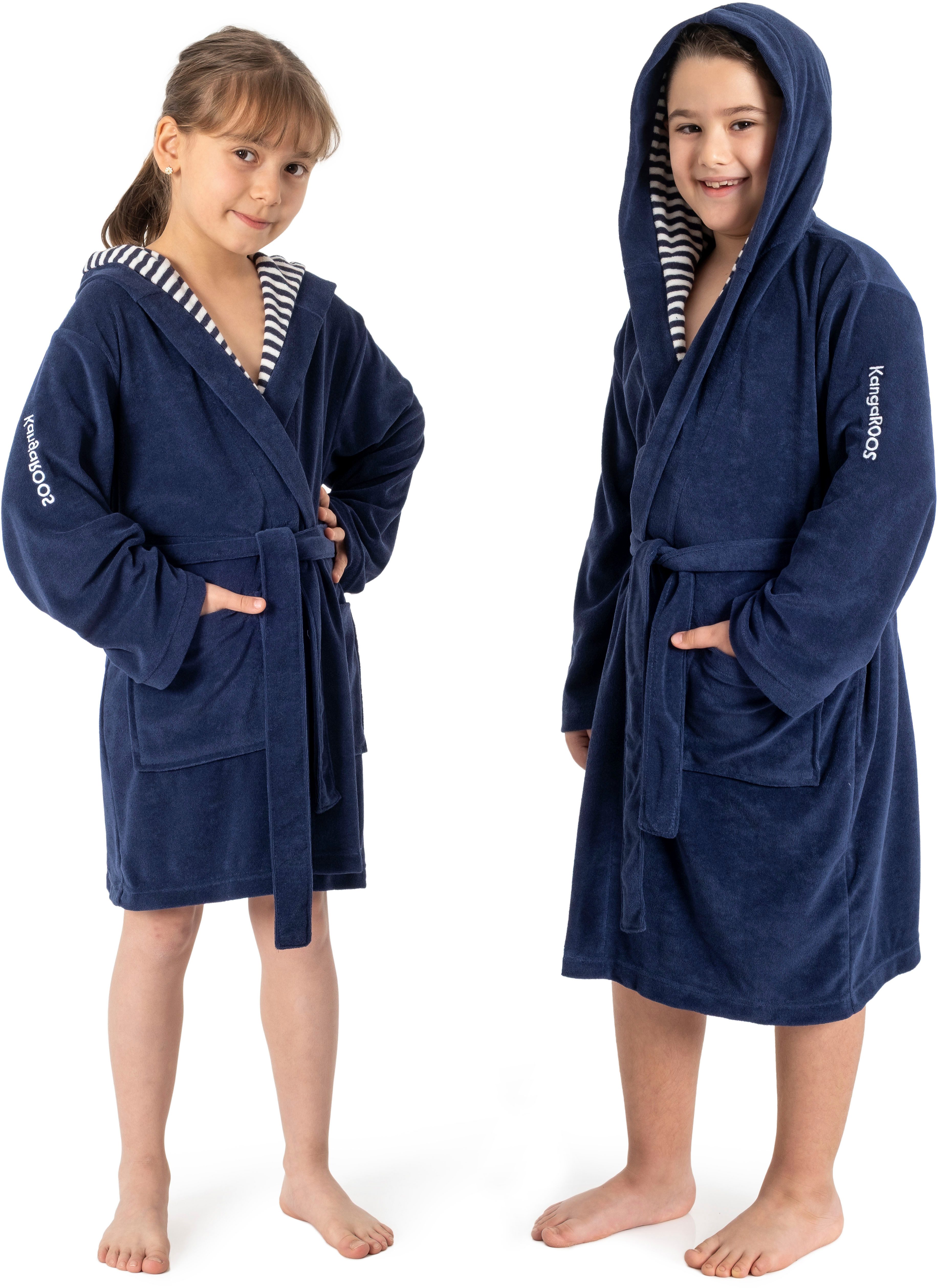 KangaROOS Kinderbademantel Dalia, Ideal für Zuhause, Schwimmbad oder im Urlaub, Langform, Veloursfrottier, Kapuze, Gürtel, Uni-Farben mit Streifen