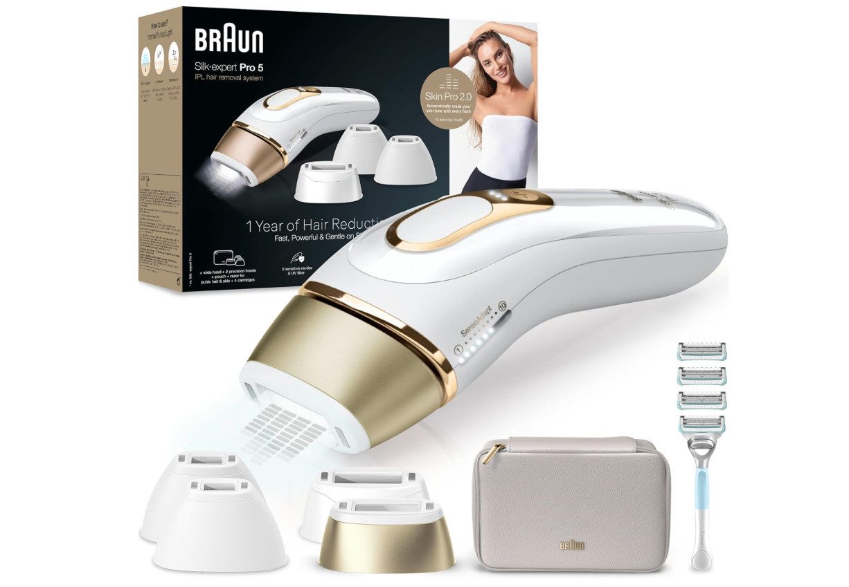 Braun IPL-Haarentferner Silk-expert Pro 5 PL5358 Hautsensor, Vielseitiges Set, 400000 Lichtimpulse, UV-Filter, 3 Aufsätze, SkinPro 2.0 Technologie