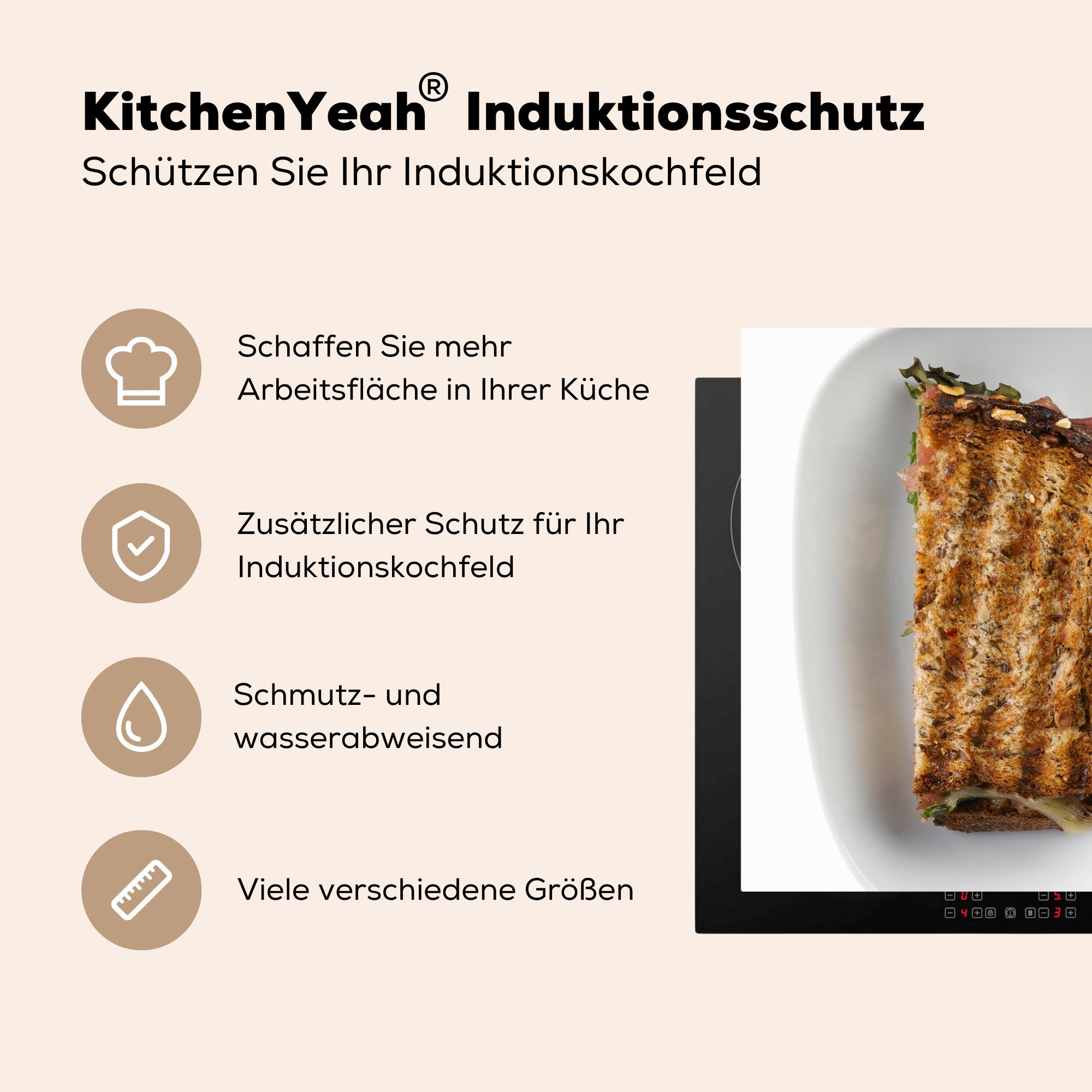 Herdblende-/Abdeckplatte MuchoWow Teller Ceranfeldabdeckung, für tlg), 78x78 küche verbranntem cm, Toast, (1 mit Vinyl, Arbeitsplatte