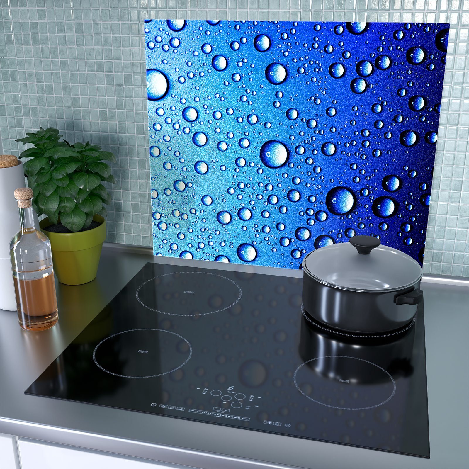 Herd-Abdeckplatte auf Glas, blau, Herdabdeckplatte aus (1 Primedeco Glas tlg) Wassertropfen Spritzschutz